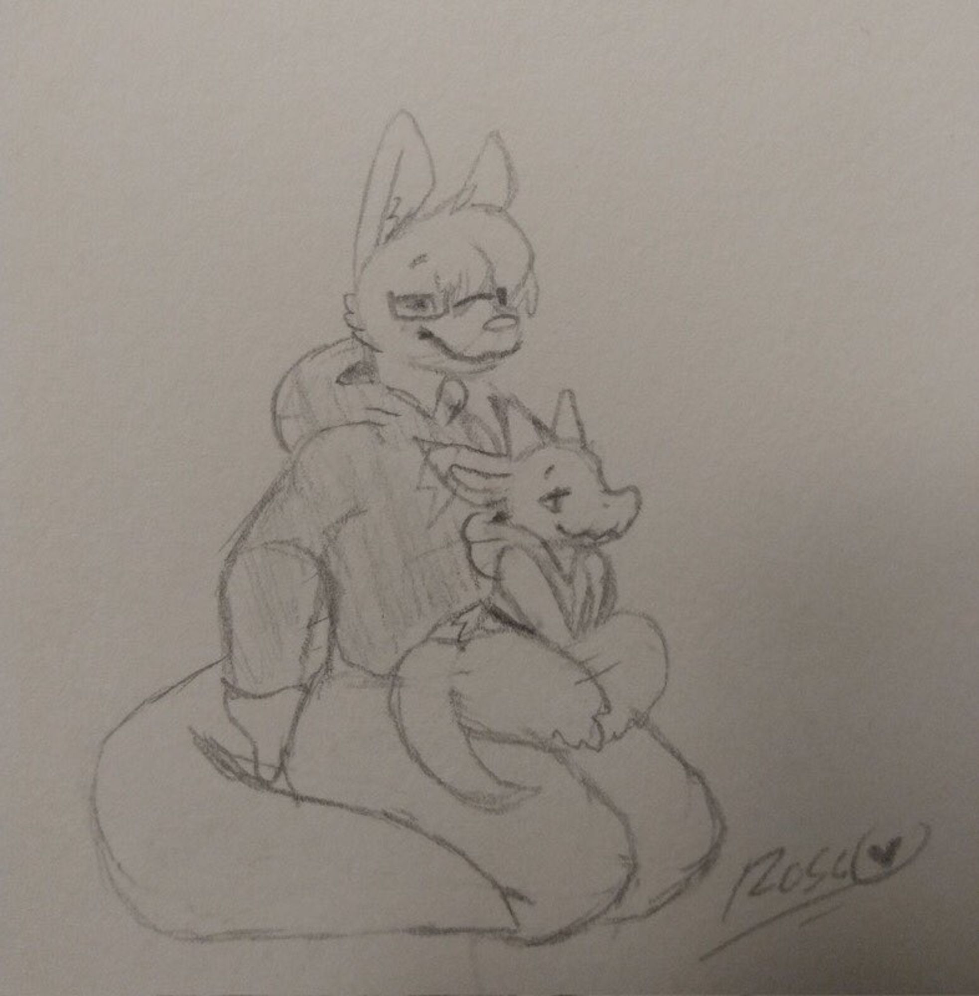 1. An anthro kangaroo kneeling on the floor with a small kobold sitting in his lap.