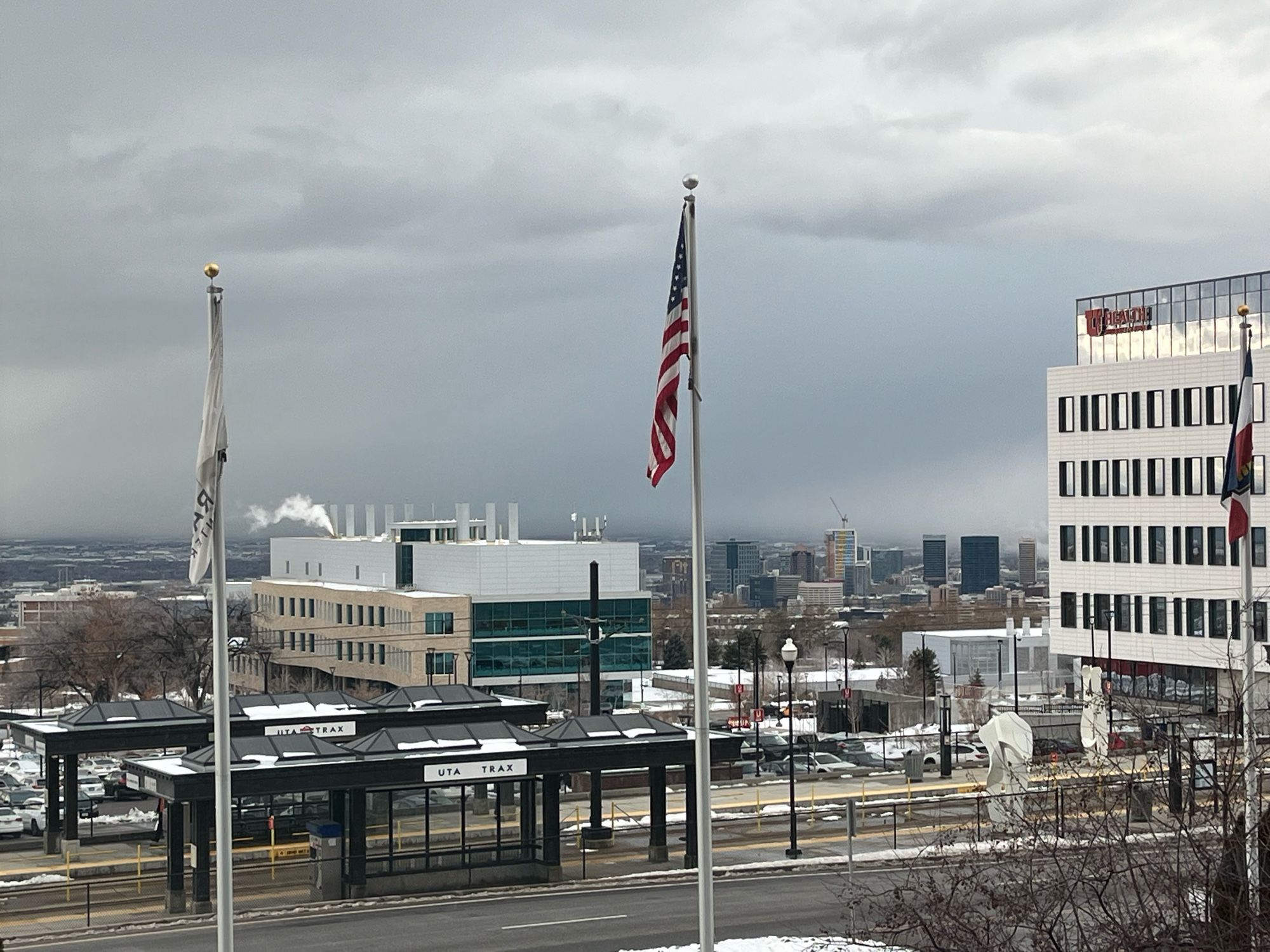 Dark clouds approaching downtown Salt Lake City. Seen from hospital campus to the east