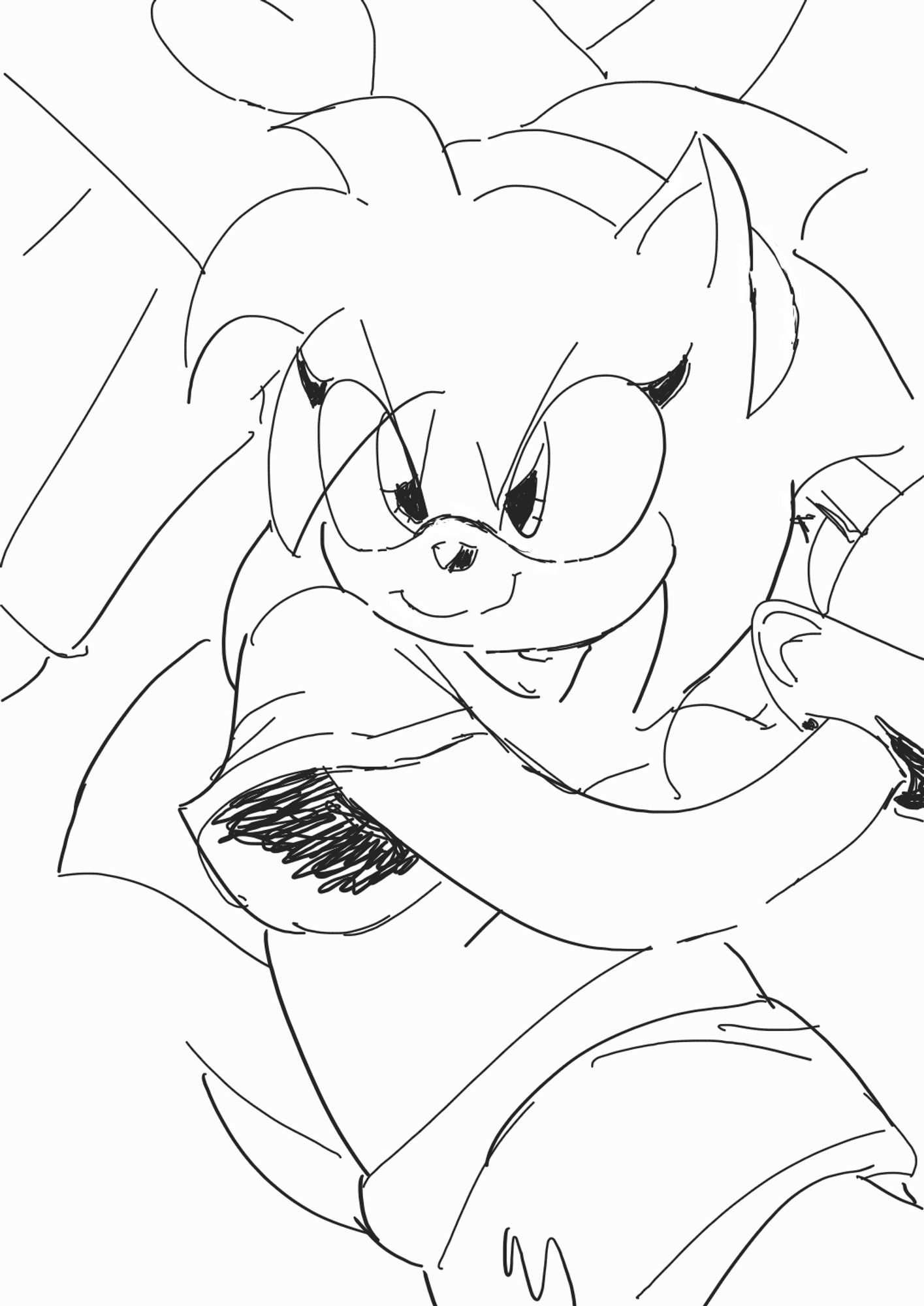 Scratchy drawing of Amy Rose winding up to use her Piko-Piko Hammer, with an adorably mischievous smile on her face.