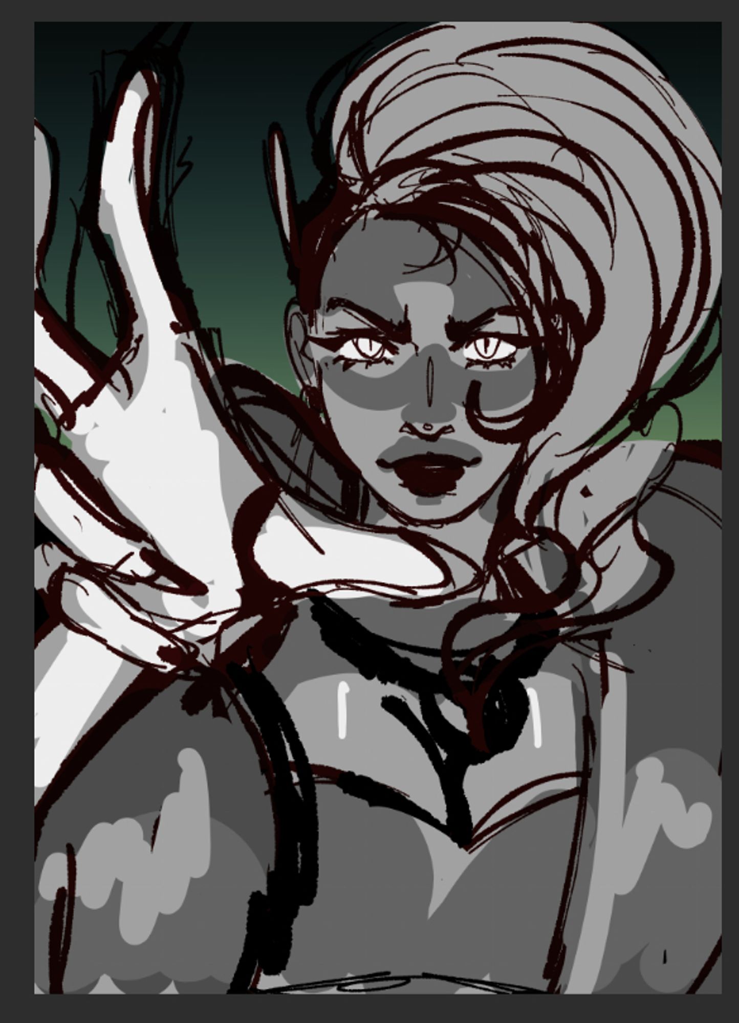 a sketch of lady geist from deadlock. she is reaching towards the camera