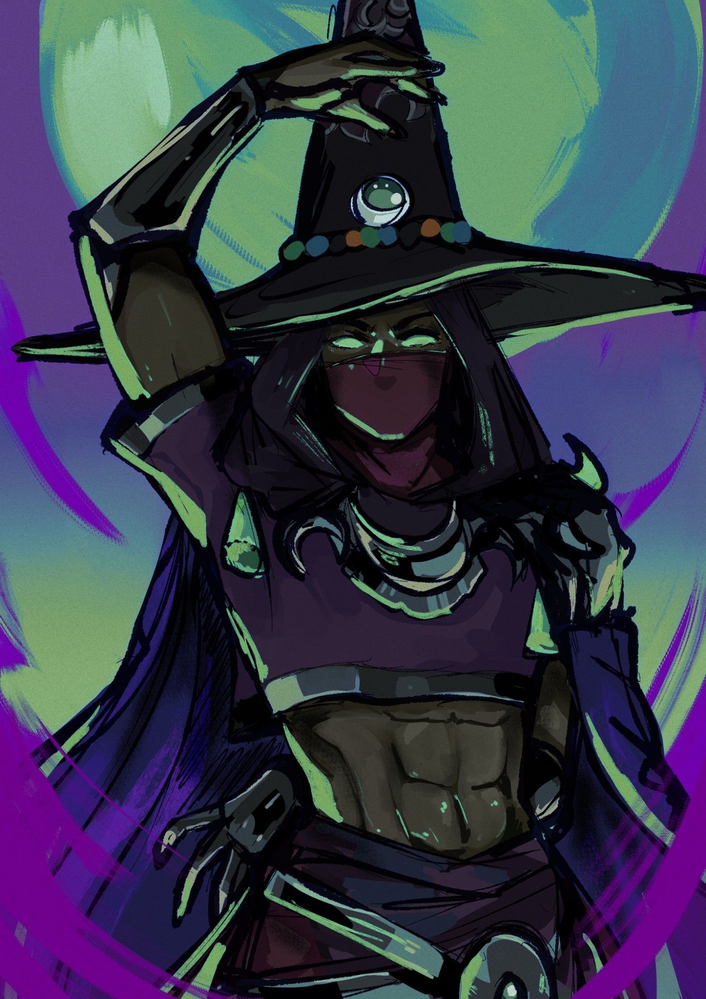 Hecate from Hades 2. She is raising her hand against a backdrop of the moon. She has a dark purple hat, a masked face showing only her eyes, a long cloak, and her abs out