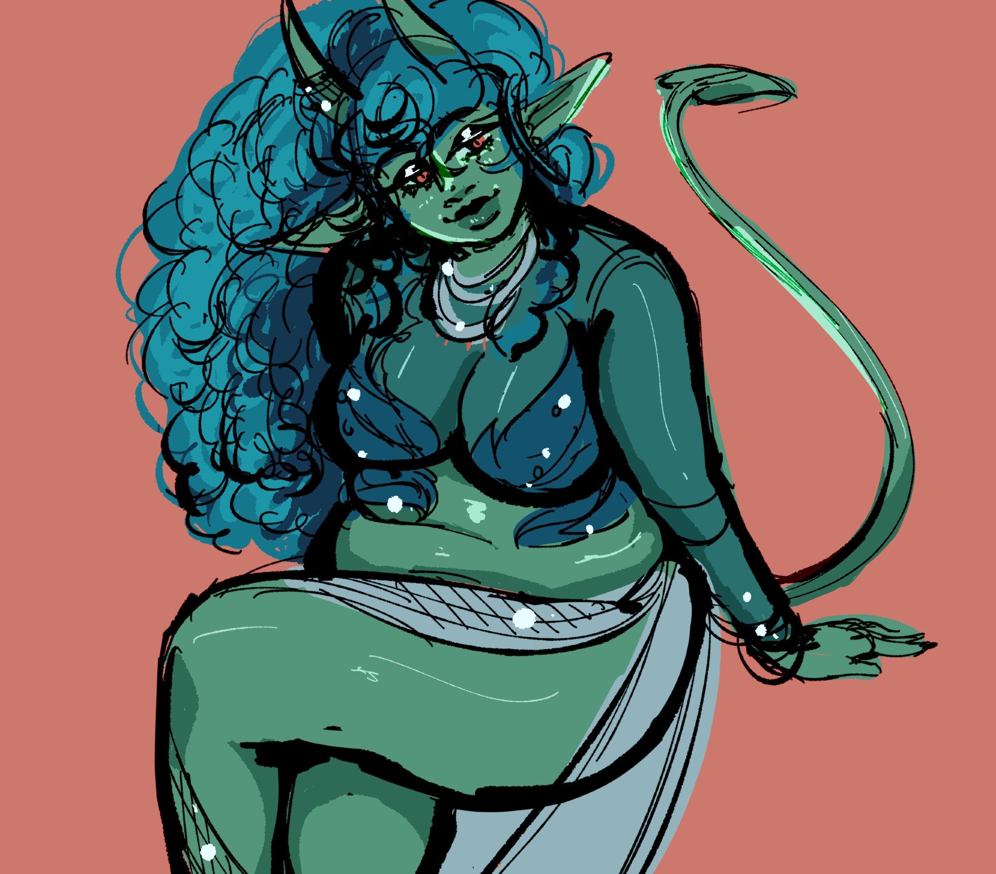 green plus size tiefling sat with one leg over the other