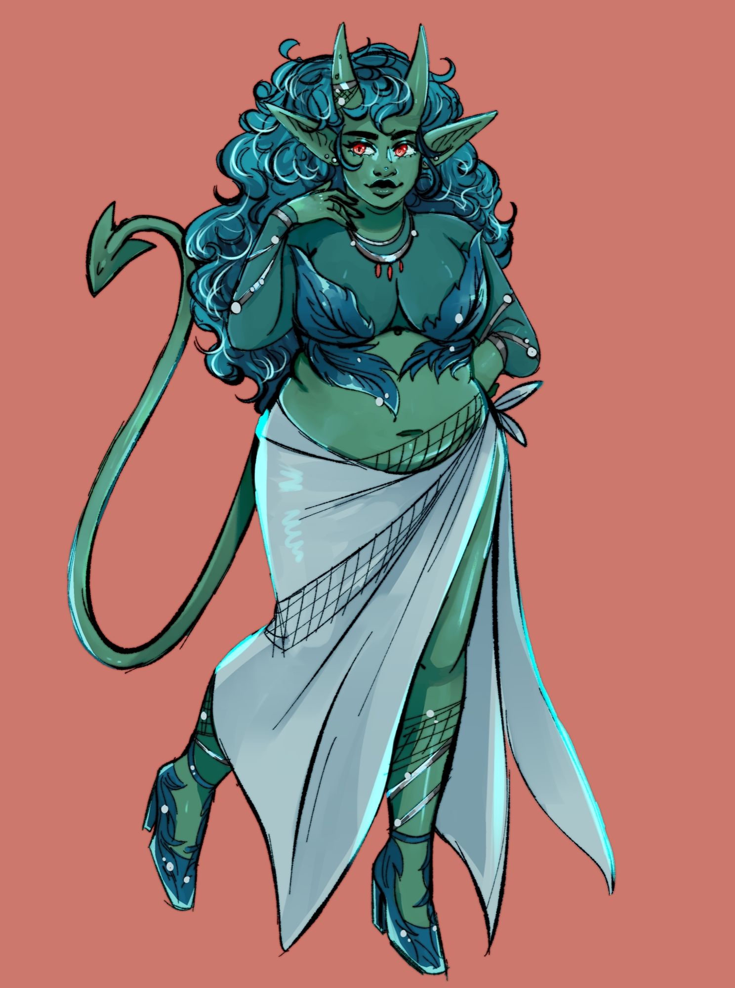 A plus size tiefling lady in a mermaid inspired seaweed/cloth outfit