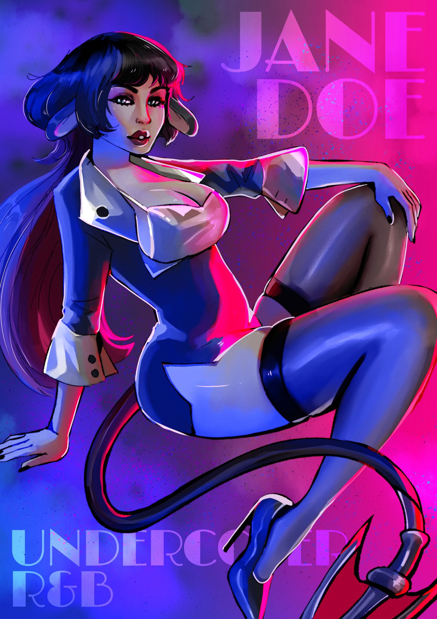 Jane doe from zenless zone zero. set in a noir style, she is sitting in a seductive pose. hand on her knee. the text reads 'jane doe' and 'undercover r&b'