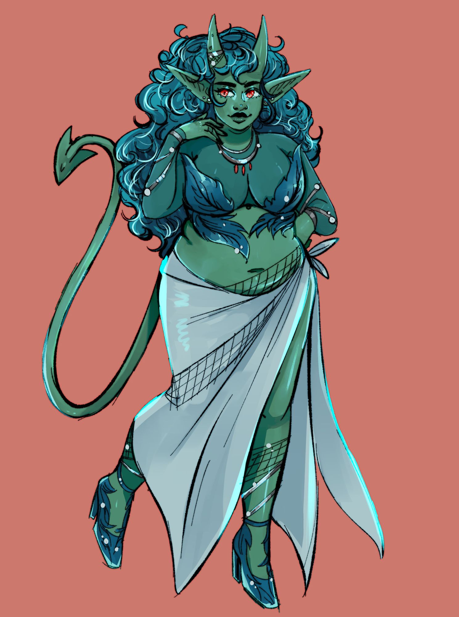 a plus size green tiefling. she has teal hair. is wearing a kelp bra and a sail fashioned into a wrap skirt. she is covered in pearls and nets