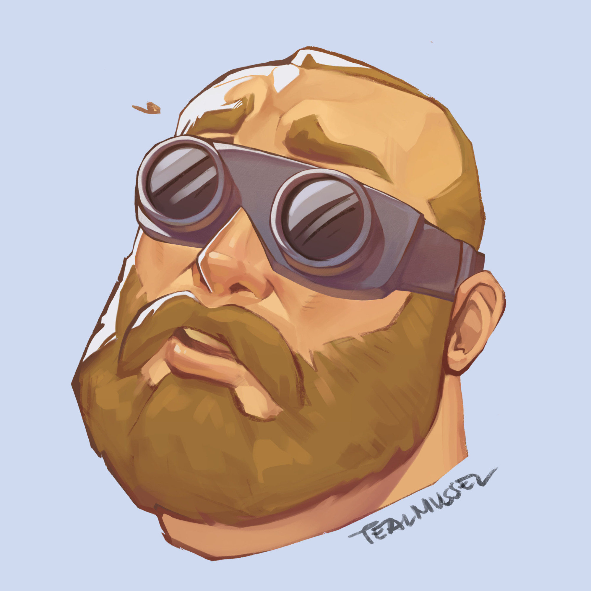 Fanart of Engineer from Team Fortress 2. Floating head wearing goggles.