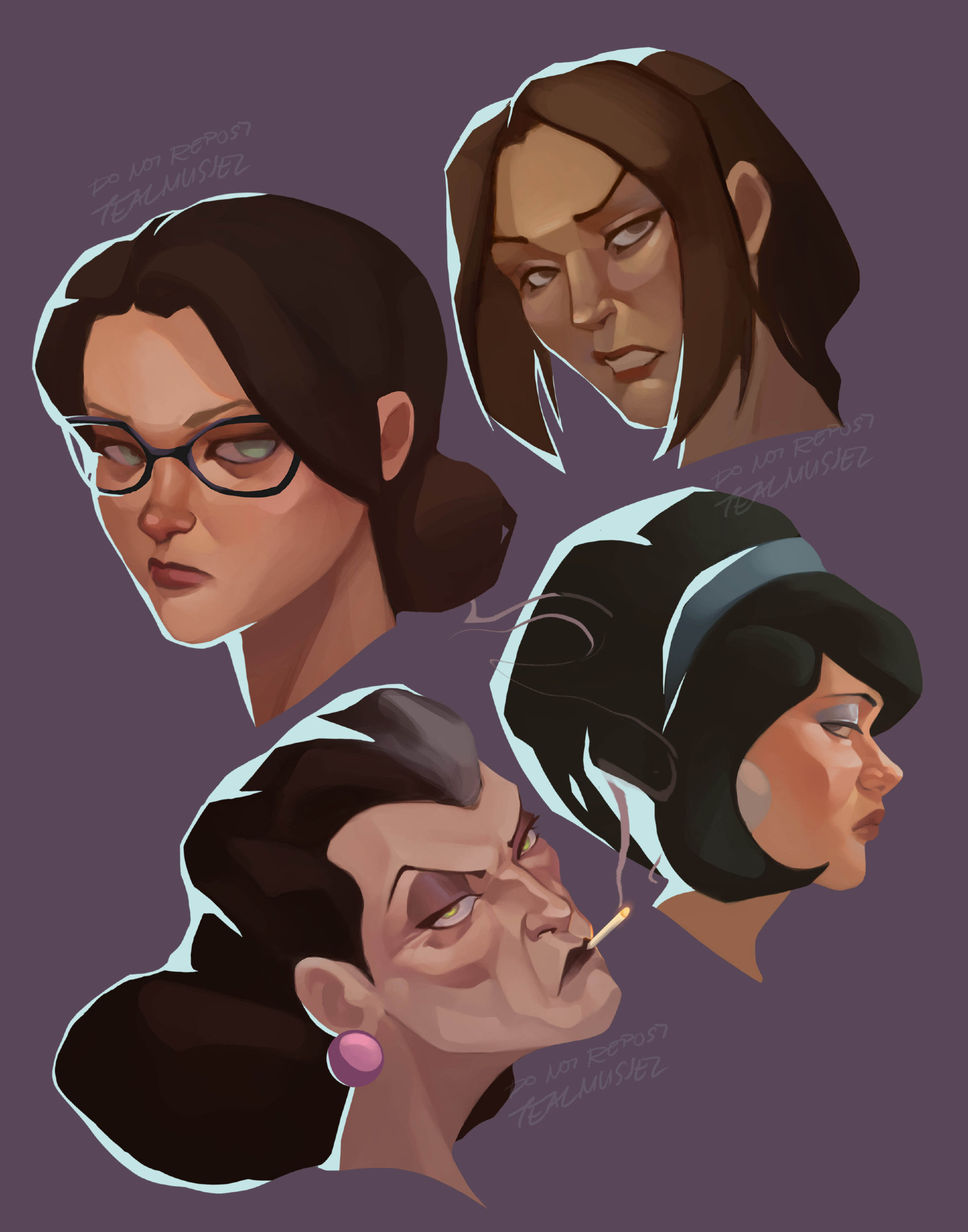 Floating head portraits of characters from Team Fortress 2. Top to bottom, left to right; Miss Pauling, Zhanna, The Administrator, and Scout's Mom.