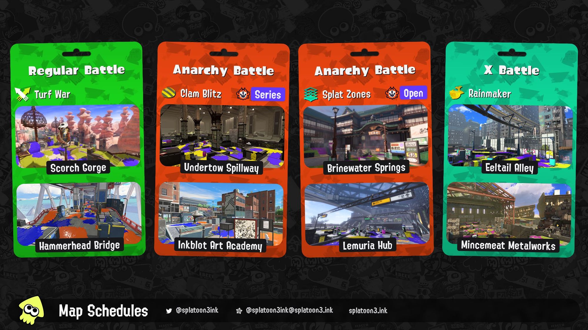 Splatoon 3 map rotation:

Regular Battle: Turf War on Scorch Gorge and Hammerhead Bridge
Anarchy Battle (Series): Clam Blitz on Undertow Spillway and Inkblot Art Academy
Anarchy Battle (Open): Splat Zones on Brinewater Springs and Lemuria Hub
X Battle: Rainmaker on Eeltail Alley and Mincemeat Metalworks