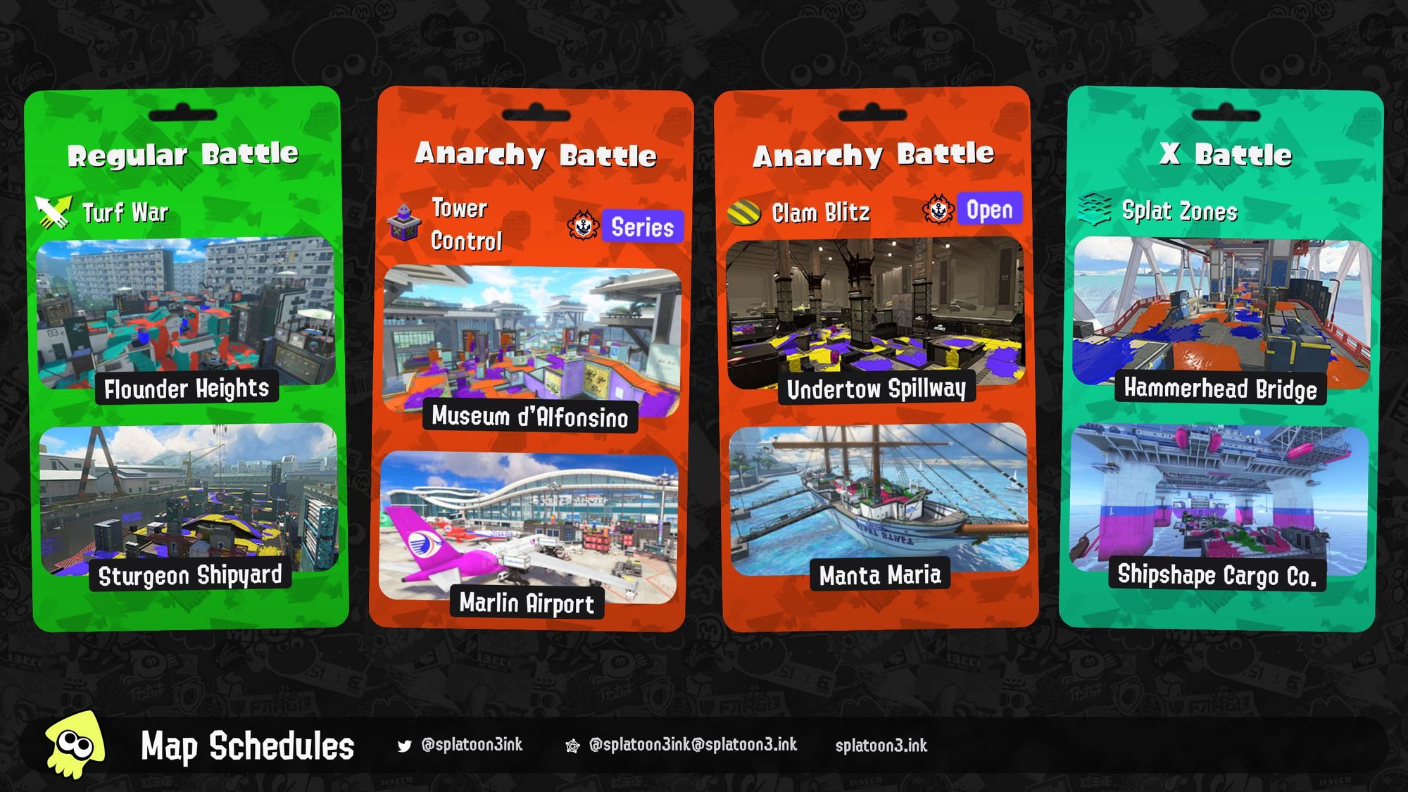 Splatoon 3 map rotation:

Regular Battle: Turf War on Flounder Heights and Sturgeon Shipyard
Anarchy Battle (Series): Tower Control on Museum d'Alfonsino and Marlin Airport
Anarchy Battle (Open): Clam Blitz on Undertow Spillway and Manta Maria
X Battle: Splat Zones on Hammerhead Bridge and Shipshape Cargo Co.