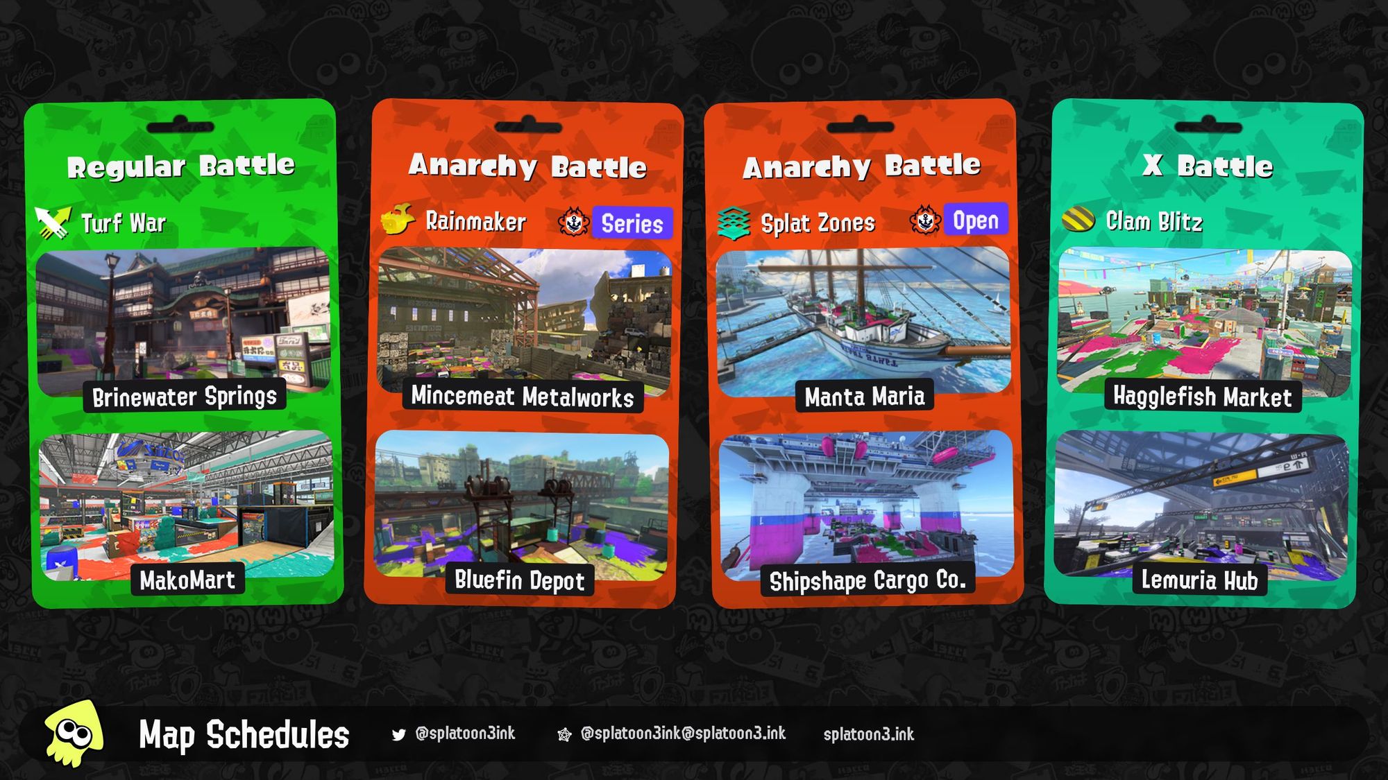 Splatoon 3 map rotation:

Regular Battle: Turf War on Brinewater Springs and MakoMart
Anarchy Battle (Series): Rainmaker on Mincemeat Metalworks and Bluefin Depot
Anarchy Battle (Open): Splat Zones on Manta Maria and Shipshape Cargo Co.
X Battle: Clam Blitz on Hagglefish Market and Lemuria Hub