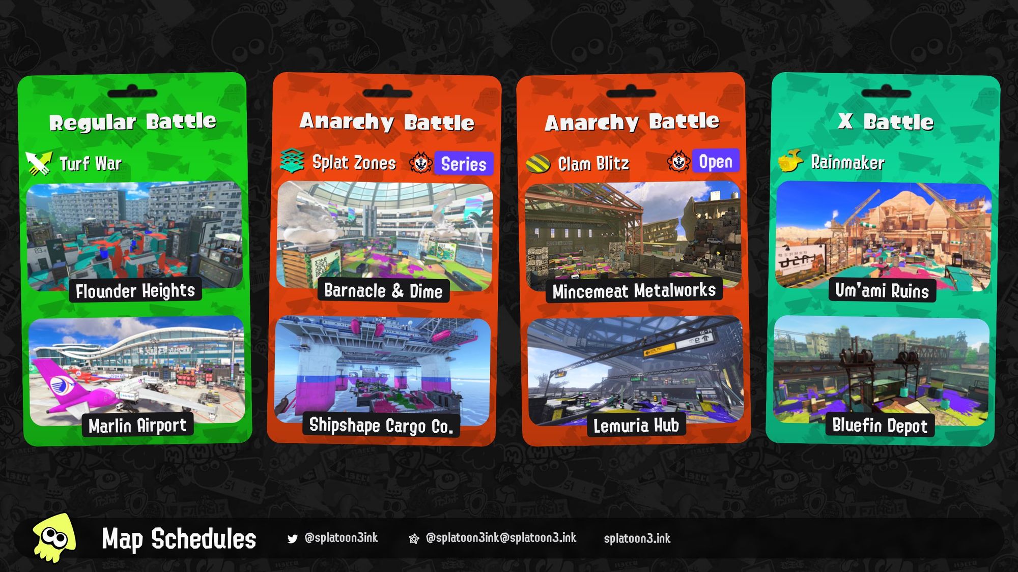 Splatoon 3 map rotation:

Regular Battle: Turf War on Flounder Heights and Marlin Airport
Anarchy Battle (Series): Splat Zones on Barnacle & Dime and Shipshape Cargo Co.
Anarchy Battle (Open): Clam Blitz on Mincemeat Metalworks and Lemuria Hub
X Battle: Rainmaker on Um'ami Ruins and Bluefin Depot