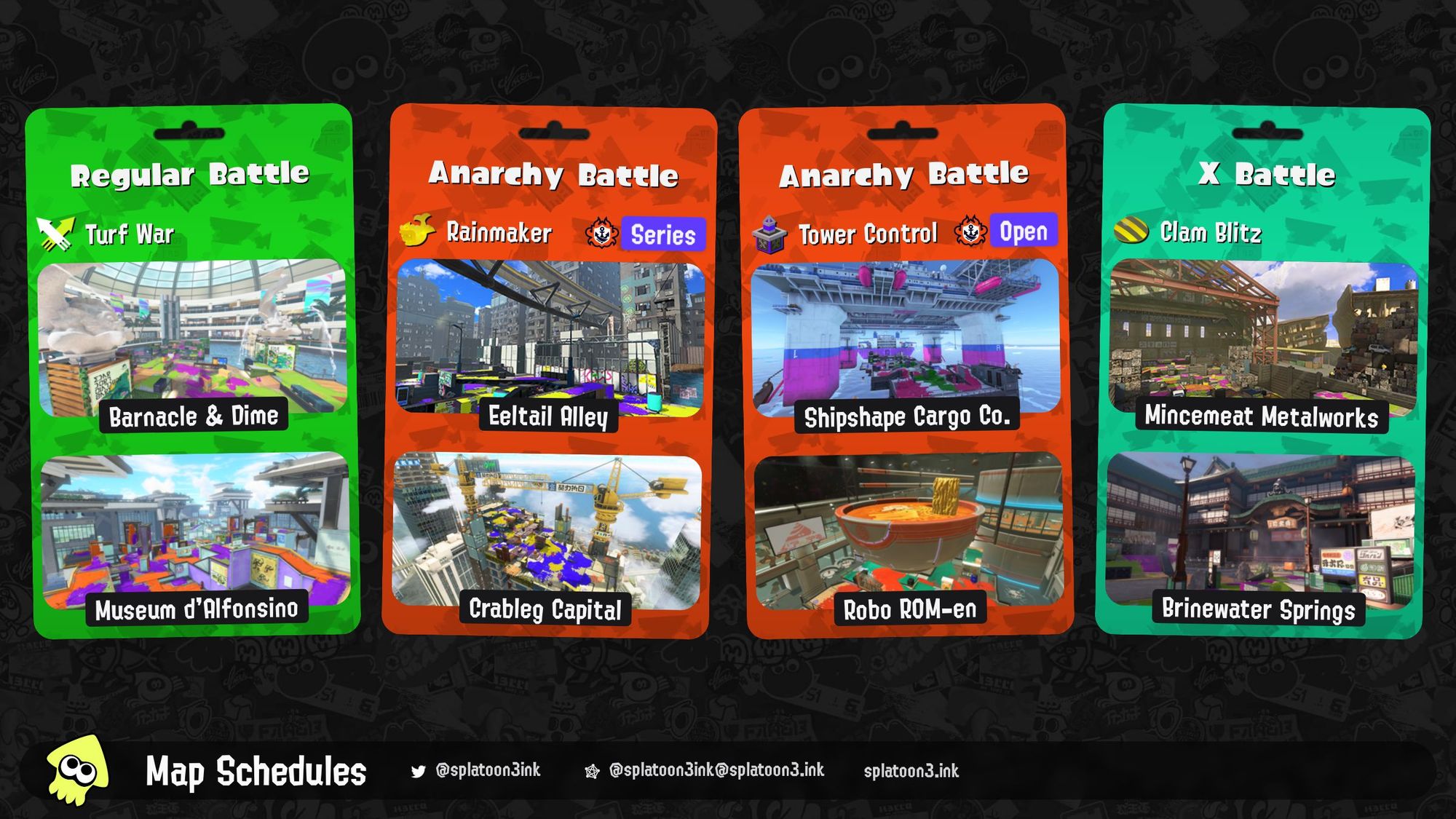 Splatoon 3 map rotation:

Regular Battle: Turf War on Barnacle & Dime and Museum d'Alfonsino
Anarchy Battle (Series): Rainmaker on Eeltail Alley and Crableg Capital
Anarchy Battle (Open): Tower Control on Shipshape Cargo Co. and Robo ROM-en
X Battle: Clam Blitz on Mincemeat Metalworks and Brinewater Springs