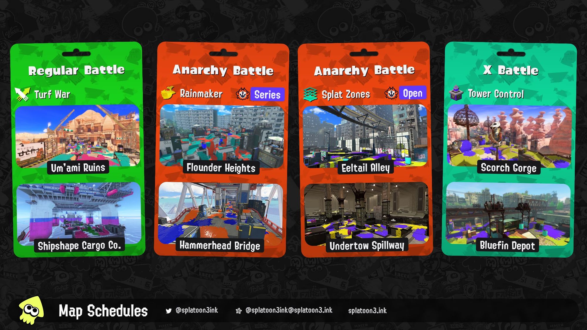 Splatoon 3 map rotation:

Regular Battle: Turf War on Um'ami Ruins and Shipshape Cargo Co.
Anarchy Battle (Series): Rainmaker on Flounder Heights and Hammerhead Bridge
Anarchy Battle (Open): Splat Zones on Eeltail Alley and Undertow Spillway
X Battle: Tower Control on Scorch Gorge and Bluefin Depot