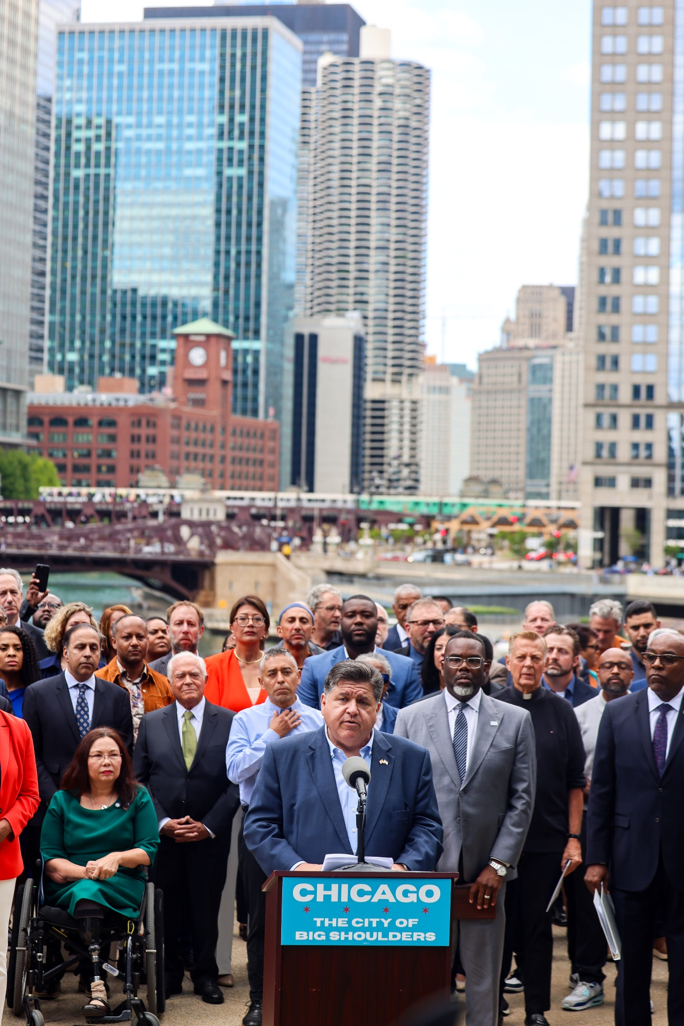 Governor JB Pritzker joined elected officials, business, faith, and education leaders, community advocates, and law enforcement leaders to condemn the Trump administration’s plan to deploy the National Guard or active duty military in Chicago despite objections from state and local leadership.