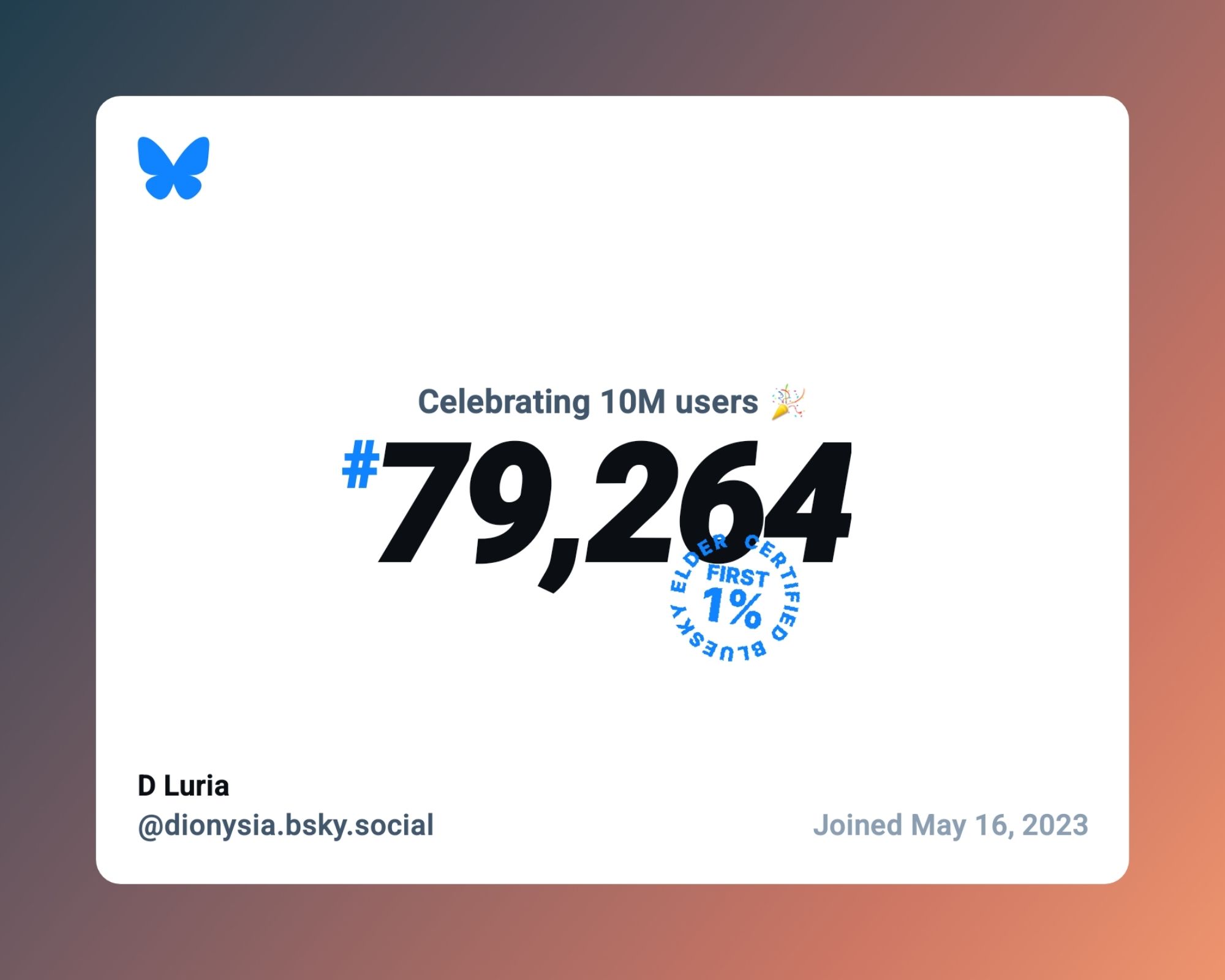 White box super-imposed over orange gradient box, enclosing black text "Celebrating 10 million users #79,264" over circled blue text saying "First 1%". At the bottom of the white box is my Bluesky user handle, ID, and anniversary date.