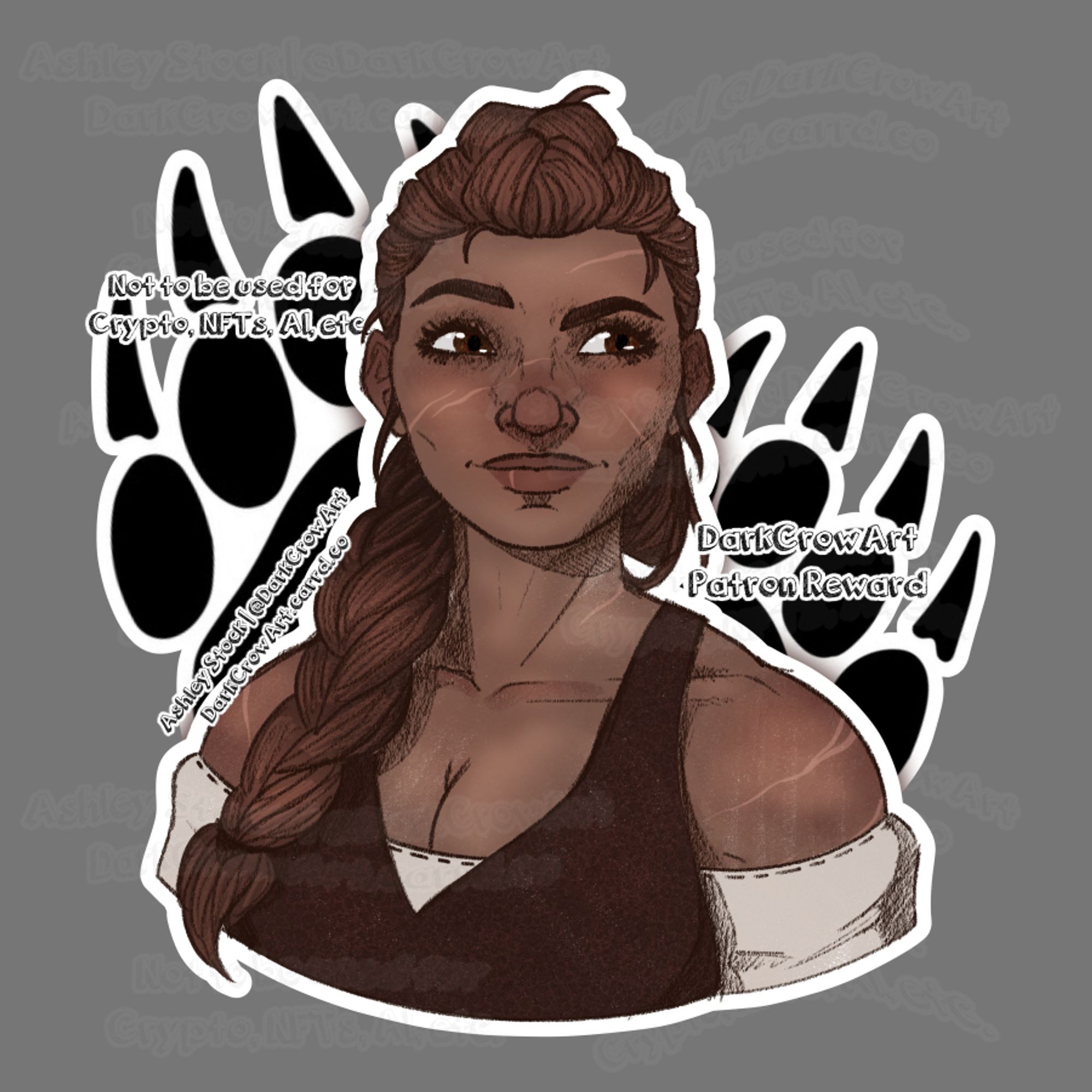 A bust of a dwarven woman with tanned skin, braided soft brown hair, and a curious expression. She wears a corset over a peasant top. There are two bear paw prints behind her for decoration.