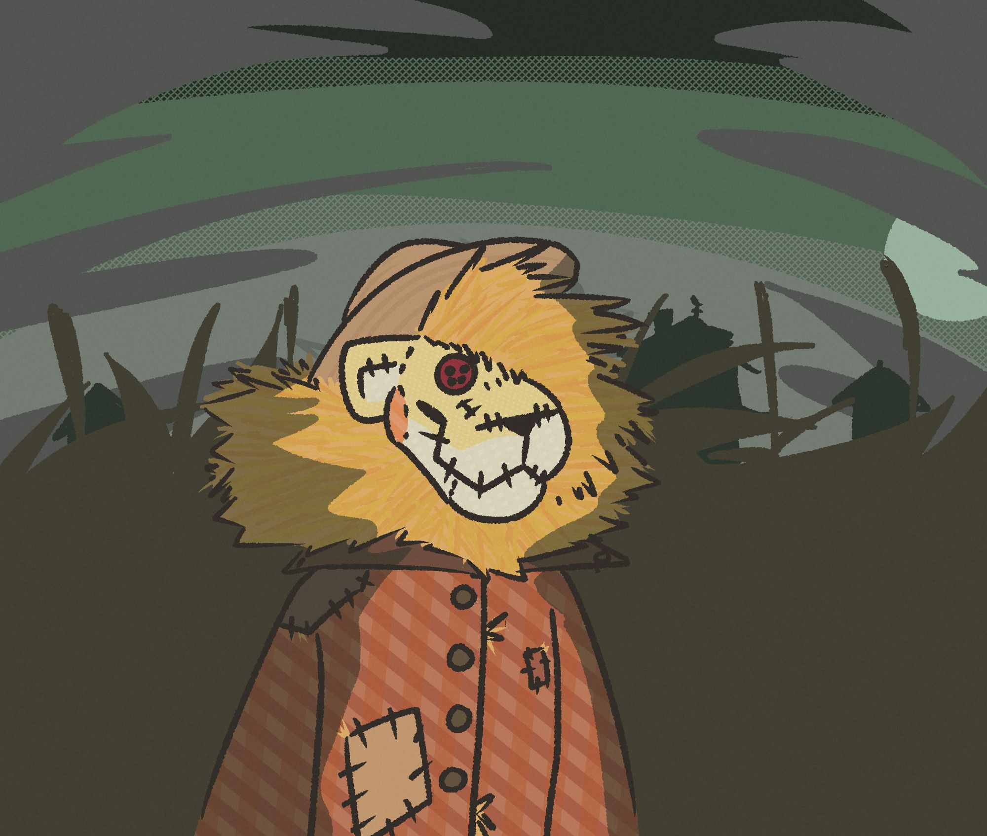 A drawing of a scarecrow designed after an anthro lion is in the middle of a cornfield. The scene is set at night, with eerie green and gray tones, with a house and some barns visible beyond the cornstalks.