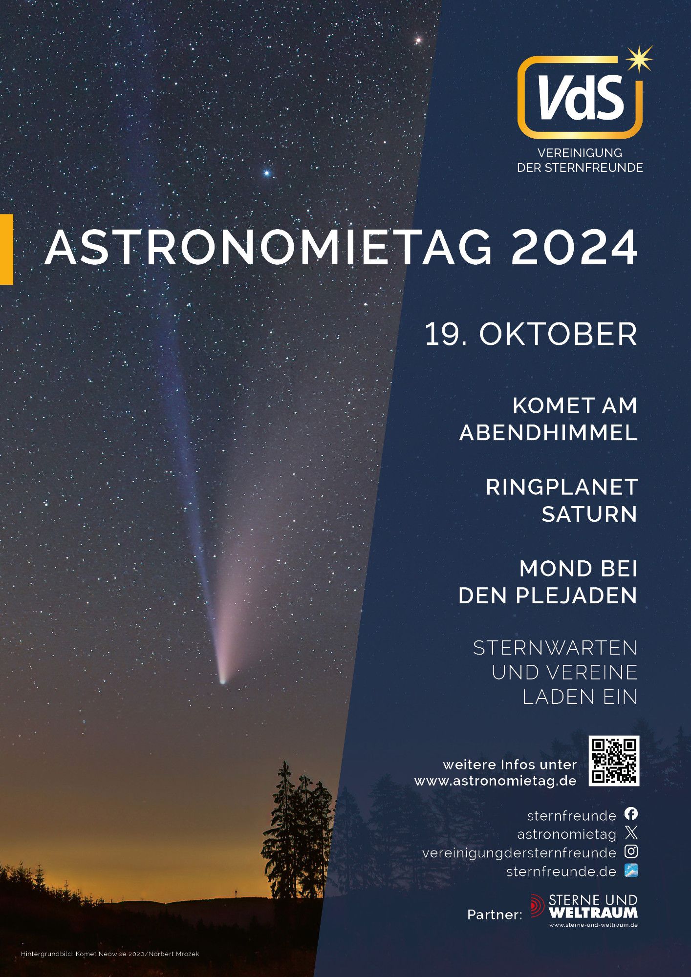 Poster zum Astronomietag am 19. Oktober 2024 mit dem Bild eines Kometen über dem Horizont