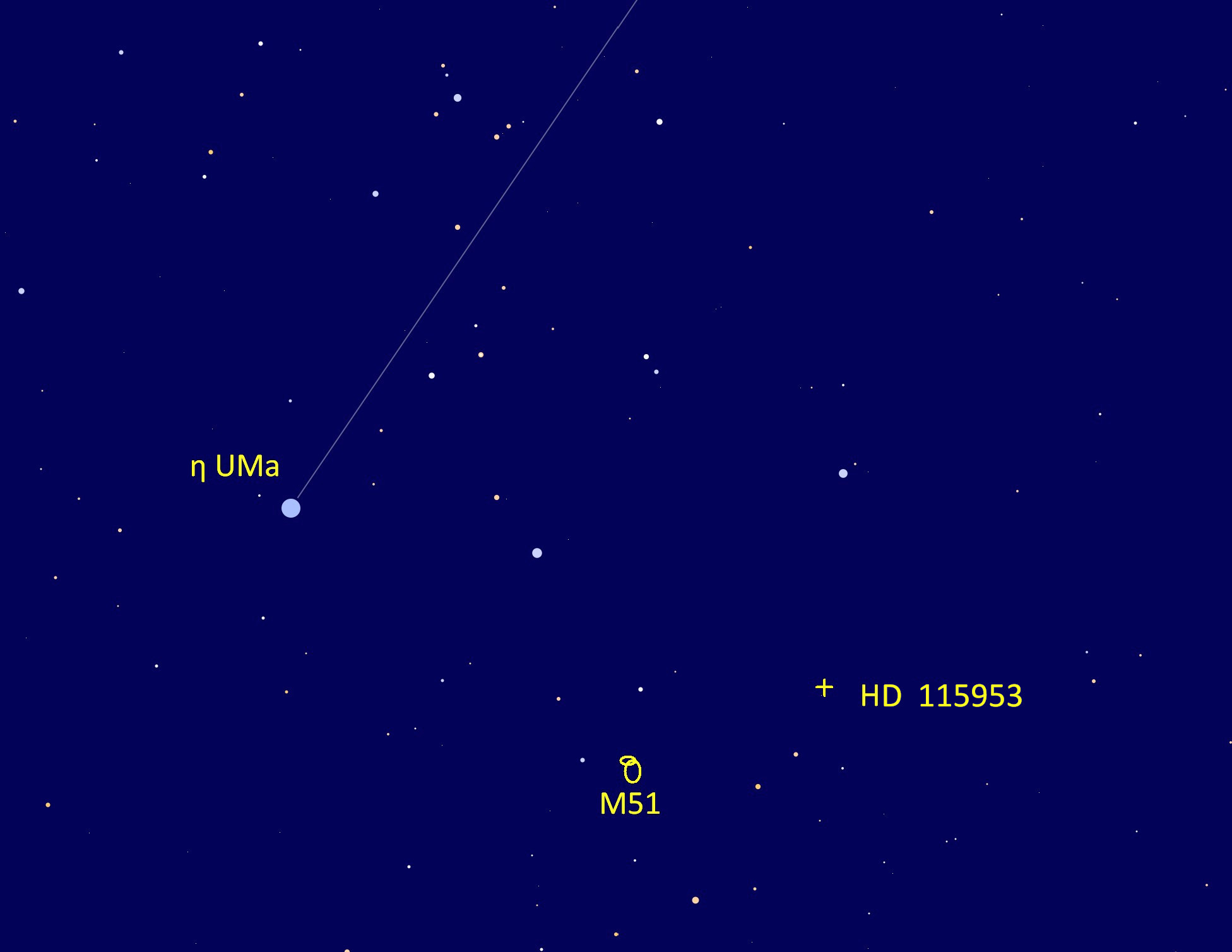 Detailsternkarte der Himmelsregion mit M51 und dem Stern HD 115953