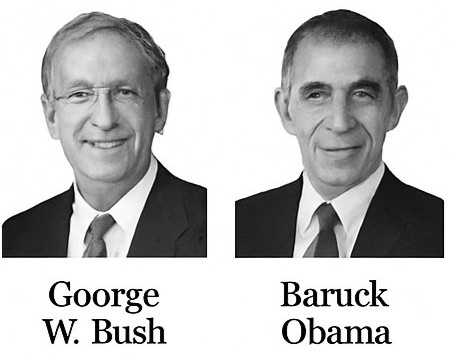 AI generated images of two people who look nothing like George W. Bush or Barack Obama, labelled "Goorge W. Bush" and "Baruck Obama"