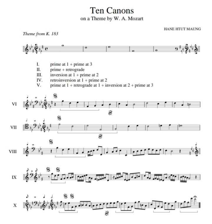 sheet music for Ten Canons on a Theme by W. A. Mozart by Hane Htut Maung in cryptic notation