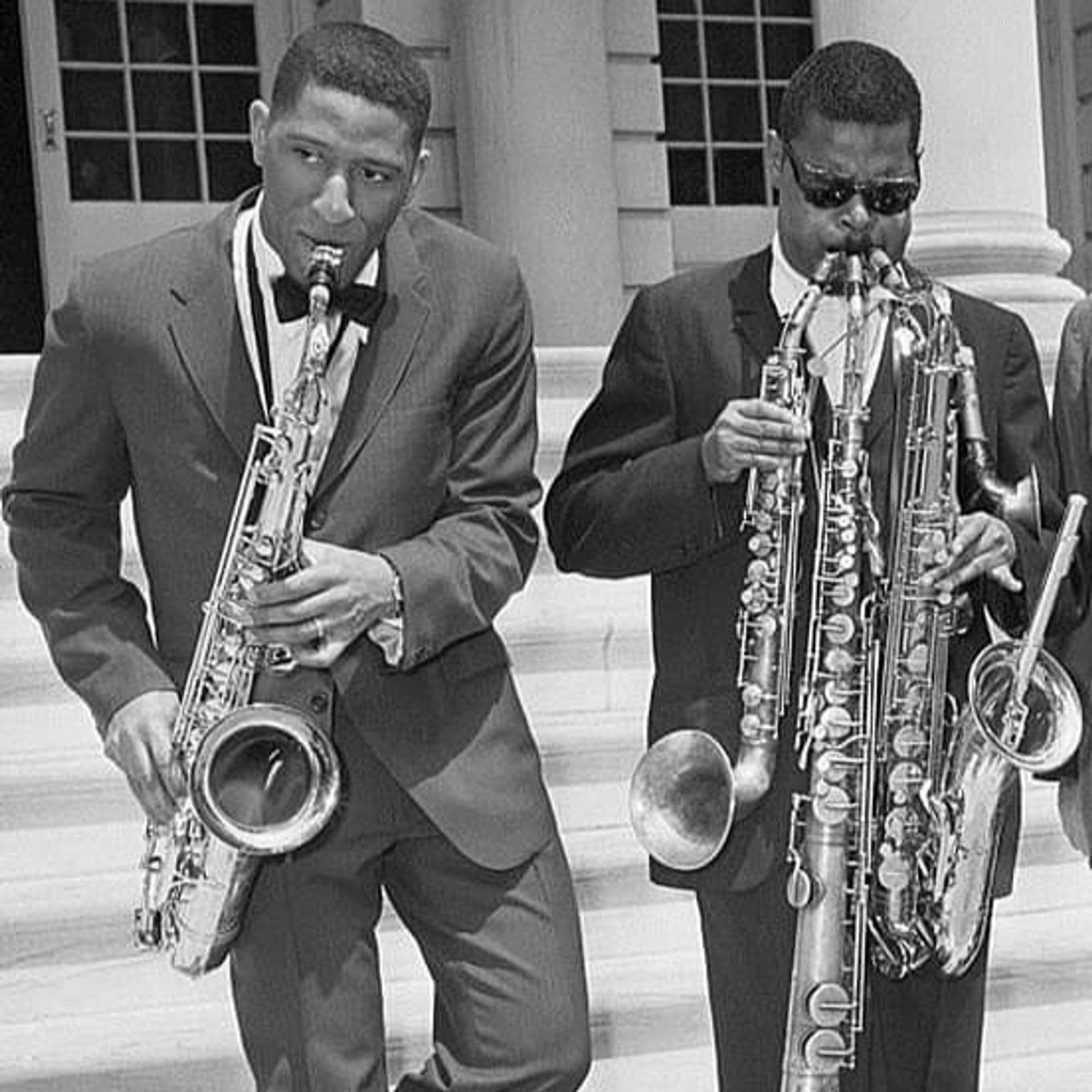 left: Sonny Rollins playing a tenor saxophone
right: Roland Kirk playing multiple saxophones at the same time