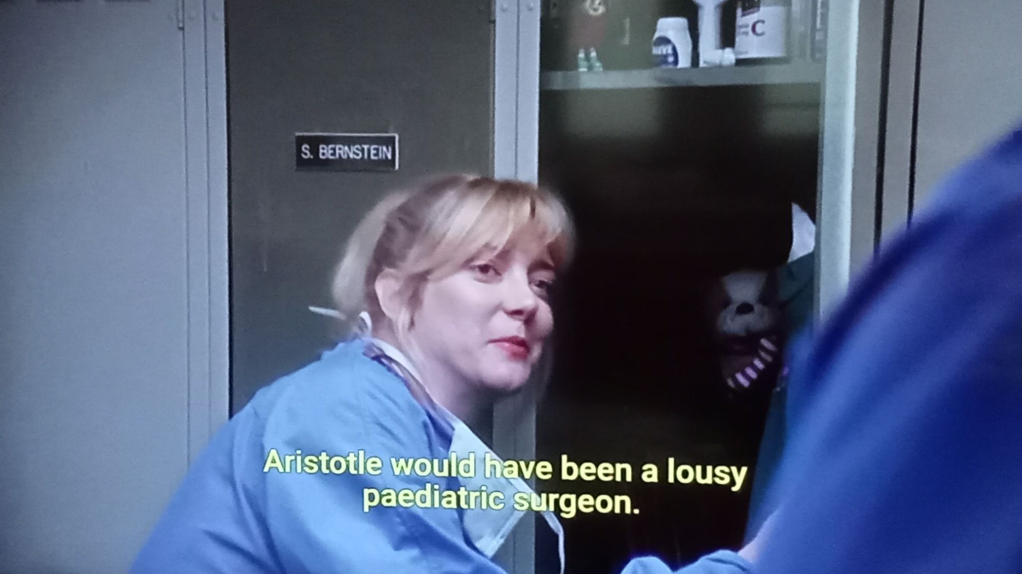 screenshot from ER of Dr Abby Keaton saying "Aristotle would have been a lousy pediatric surgeon"