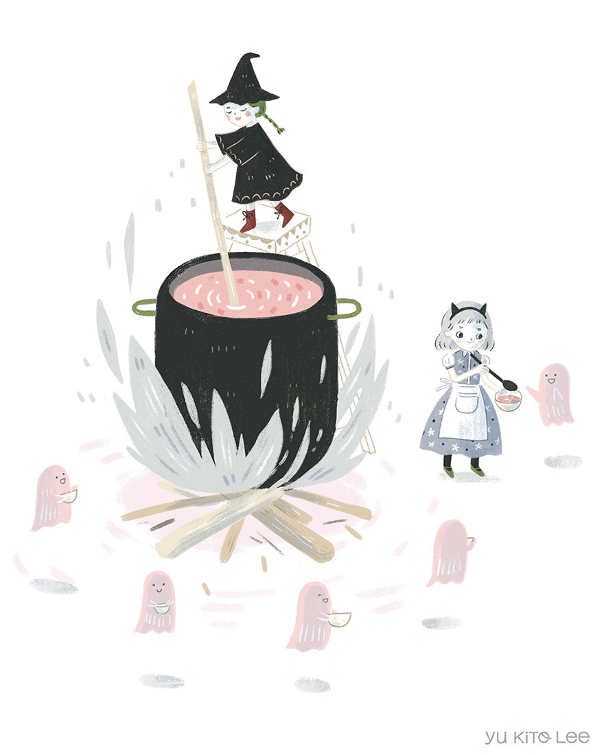 Picturebook illustration of a witch and a black cat girl handing out stew to hungry little ghosts.