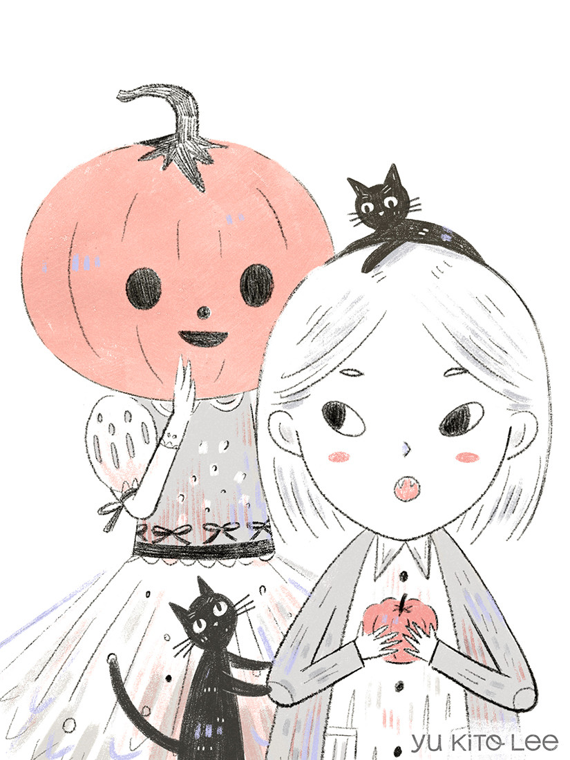 Illustration of a pumpkin girl whispering to a vampire boy, while curious black cats lean in, attempting to eavesdrop.