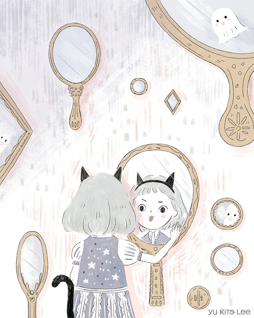 Kidlit illustration of a black cat girl looking in the mirror and little ghosts imitating her.