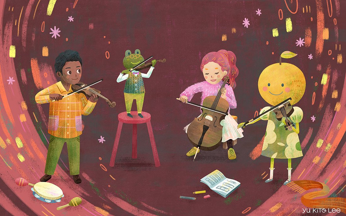 Picture book illustration of a string quartet.