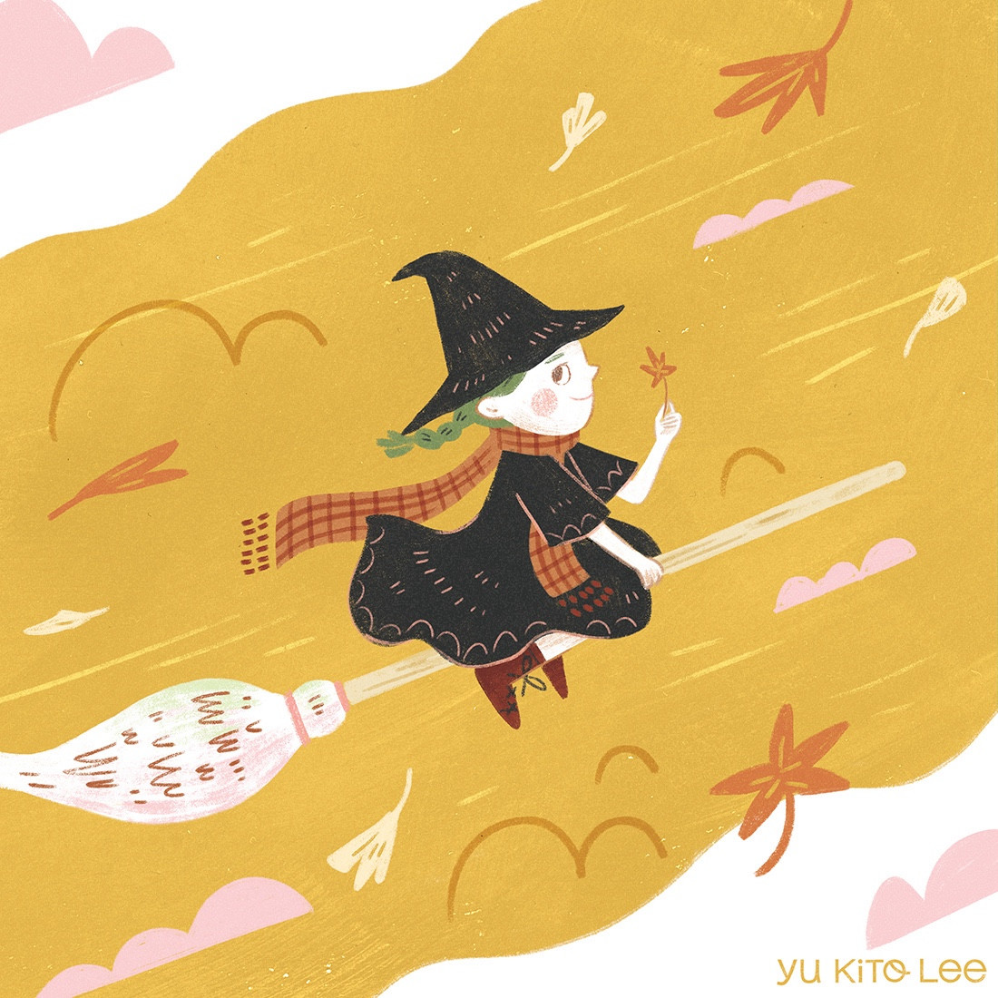 Picture book illustration of a witch flying through Autumn air.