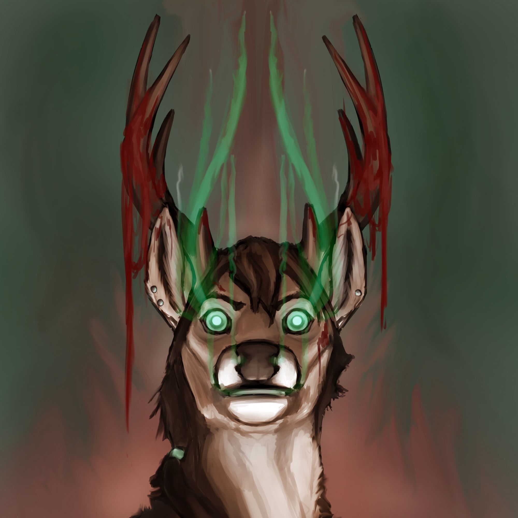 An anthropomorphic deer’s bust, with glowing green lights from their eyes and nostrils. Their antlers are dripping blood