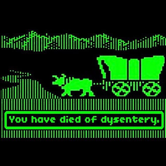 Screenshot of the game “Oregon Trail” with the game over message “You have died of dysentery.”