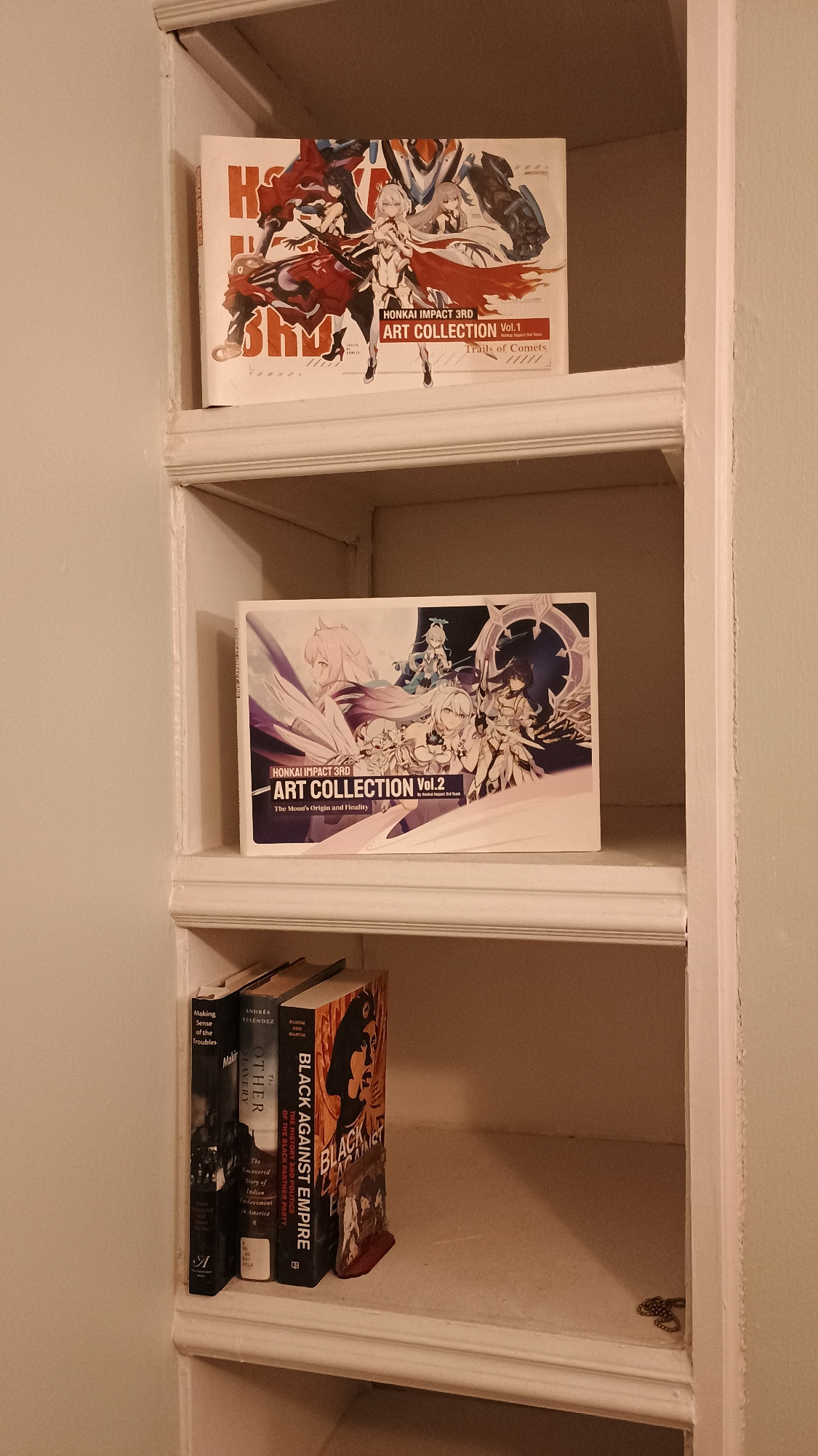 A thin humble bookshelf with five books total on it: two art books from the game Honkai Impact, and three nonfiction books that I purchased as part of my university education. All the other textbooks besides those three have been given away or tossed.