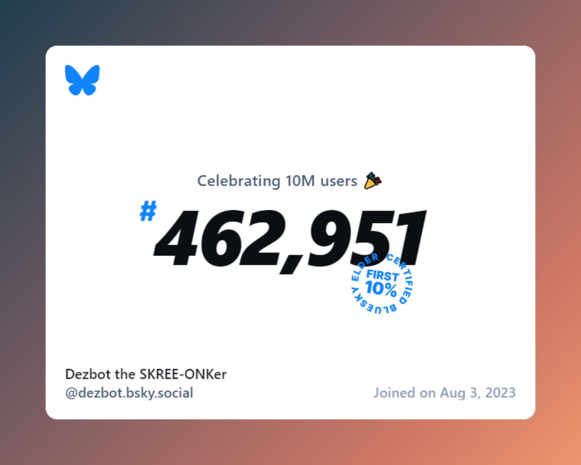 A virtual certificate with text "Celebrating 10M users on Bluesky, #462,951, Dezbot the SKREE-ONKer ‪@dezbot.bsky.social‬, joined on Aug 3, 2023"