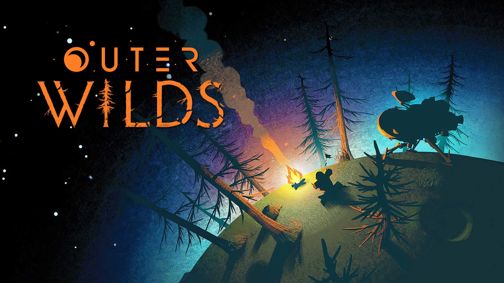 Image du jeu Outer Wilds, une planète avec des arbres et un feu de camp, des étoiles et des lumières violettes et bleues dans le fond. En haut à gauche, texte "Outer Wilds".