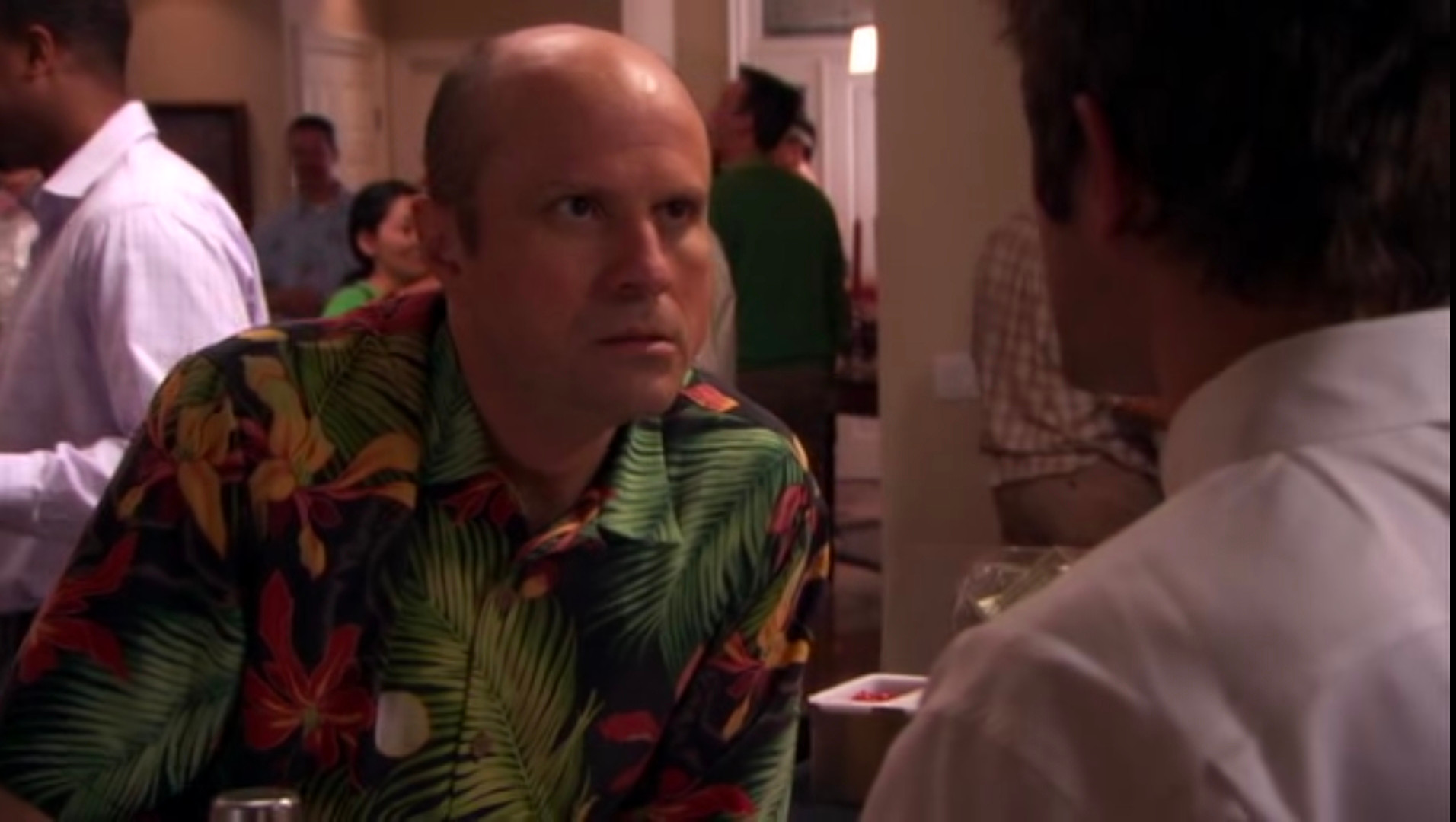 Excellent bald man Enrico Colantoni playing a suburban man about to snap. Hawaiian shirt.