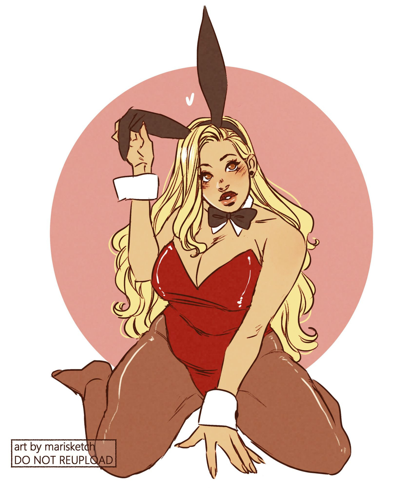 Colored sketch of the artist's original character Sabine in a red bunny suit with ears, tail, tights, and cuffs. She is kneeling, one hand pulling down one of her rabbit ears and one on the ground between her legs, with a coy expression on her face. A simple pink circle serves as the background behind her.