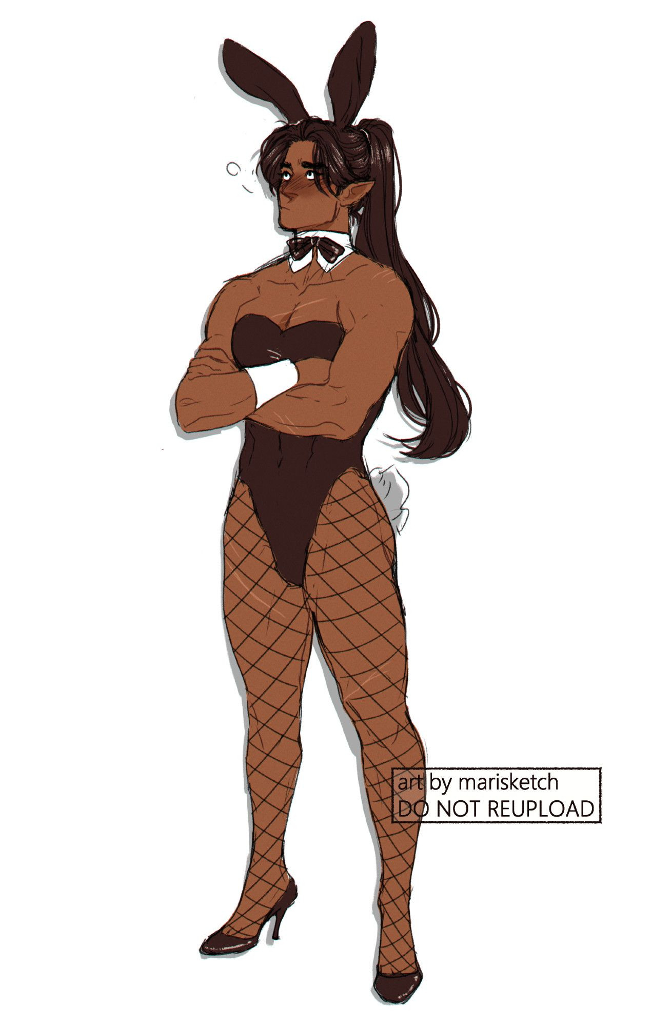 Colored sketch of the artist's original character Ryou in a black bunny suit with ears, tail, fishnets, cuffs, and heels. He looks embarrassed and flustered, and is standing with his arms crossed. His long black hair is pulled back into its characteristic ponytail.