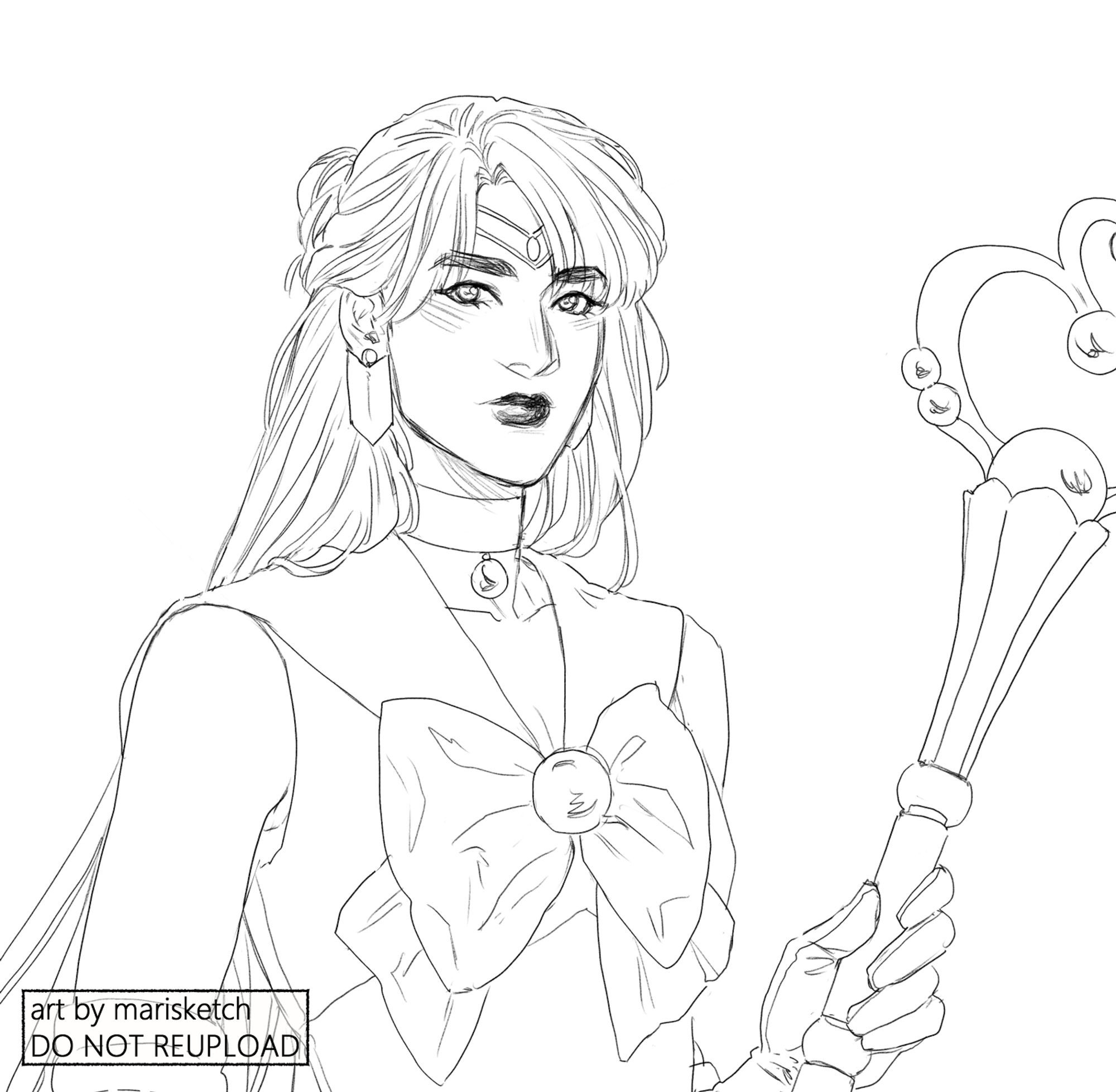 Cropped sketch-in-progress of Sailor Pluto (Setsuna Meioh) from Sailor Moon in her original costume. She is turned slightly to face the viewer with an intense expression, and is holding her time staff in her left hand.