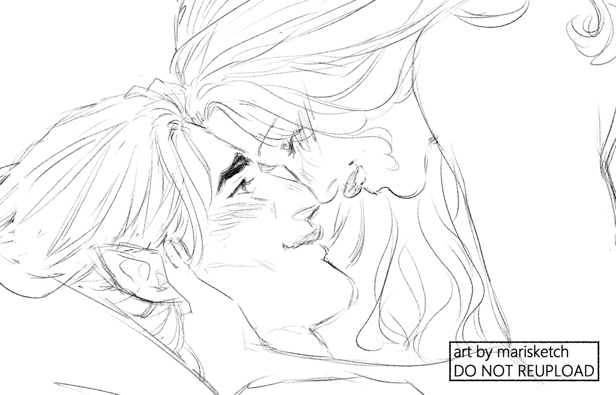 Cropped sketch of the artist's original characters Ryou and Sabine. Ryou is lying on his back with Sabine over and on top of him, holding his face in her hands with her forehead pressed to his. She has her eyes closed and is laughing while he looks up at her with a soft smitten smile on his face.