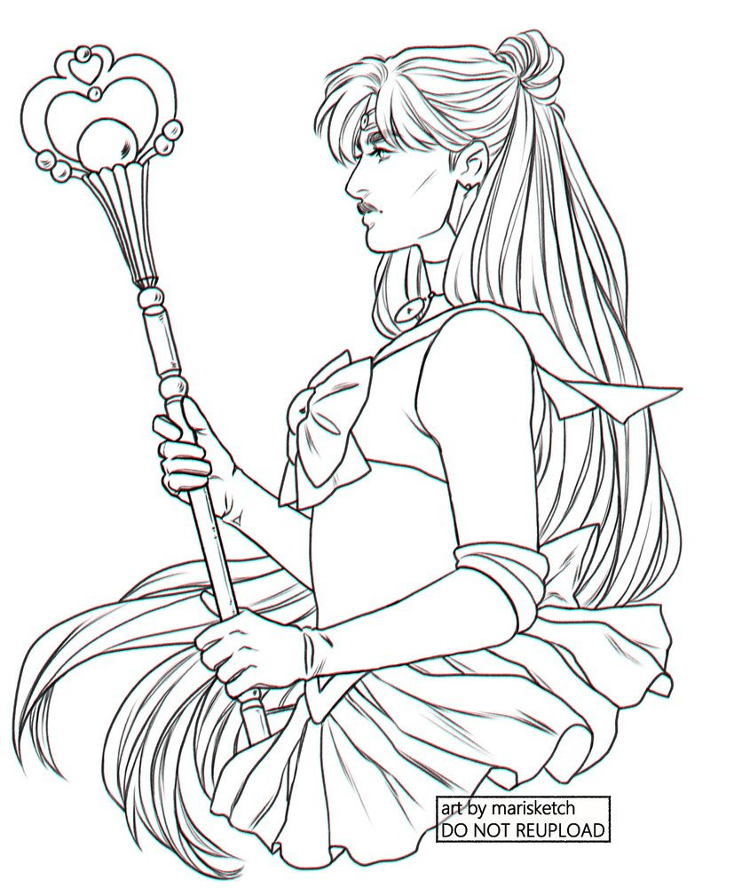 Sketch of Sailor Pluto (Setsuna Meioh) from Sailor Moon in her original costume. She is drawn in profile from the waist up, facing the viewer’s left with a serious expression on her face. She is holding her staff in both hands and her long hair frames her body.