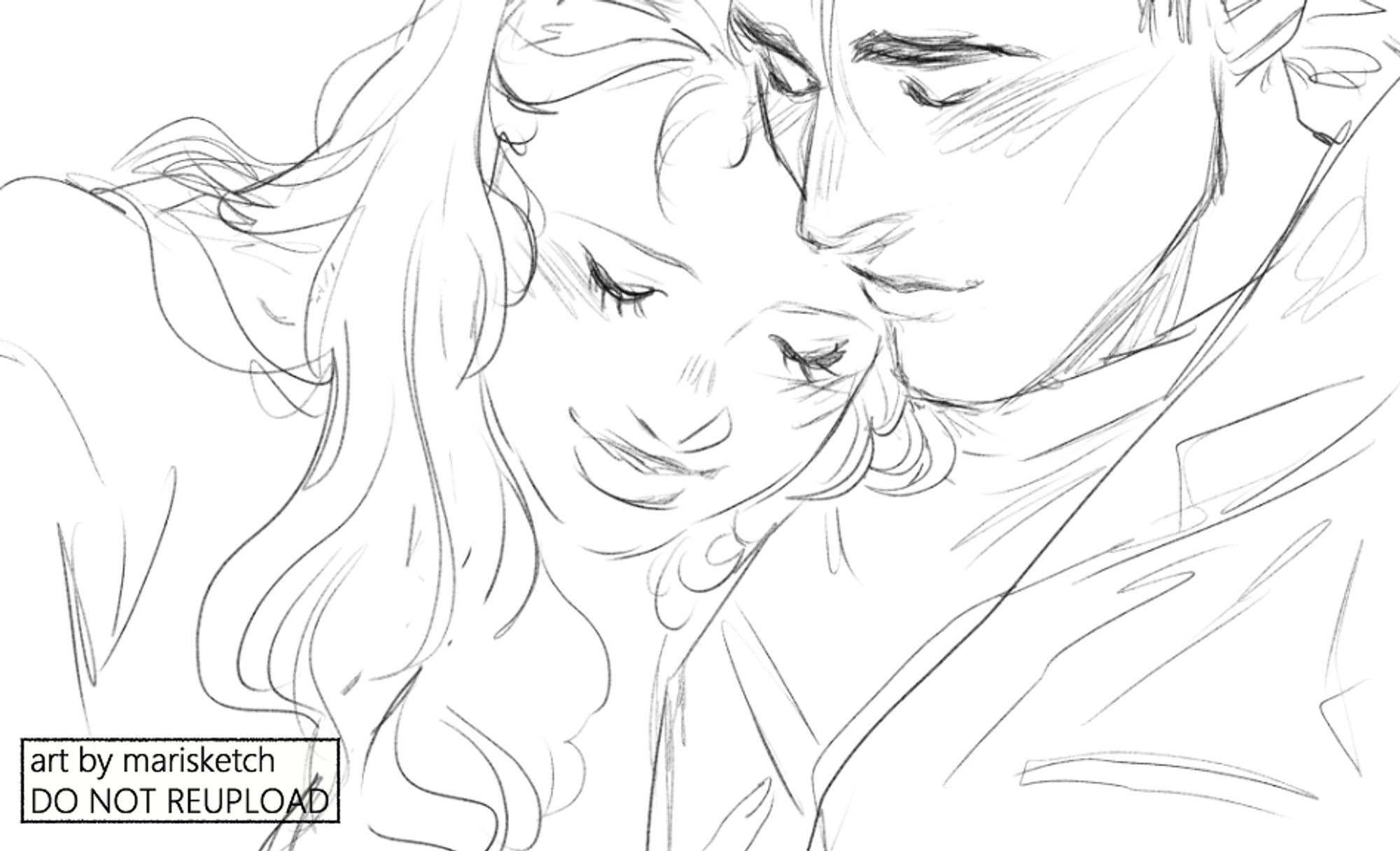 Cropped sketch of the artist's original characters Ryou and Sabine. Sabine, on the left, has her eyes closed as she rests her head on Ryou's shoulder. His eyes are closed as well, and both are smiling.