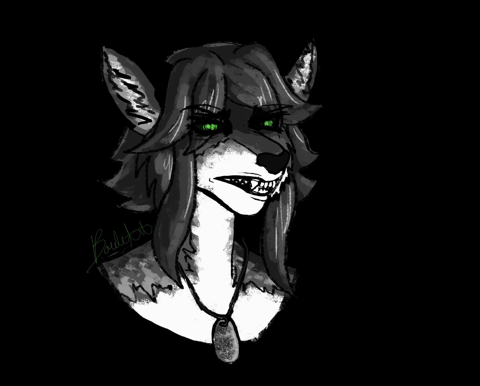 A greyscale bust of a lupine anthro- growling, with glowing green eyes and wearing a dog-tag chain necklace.