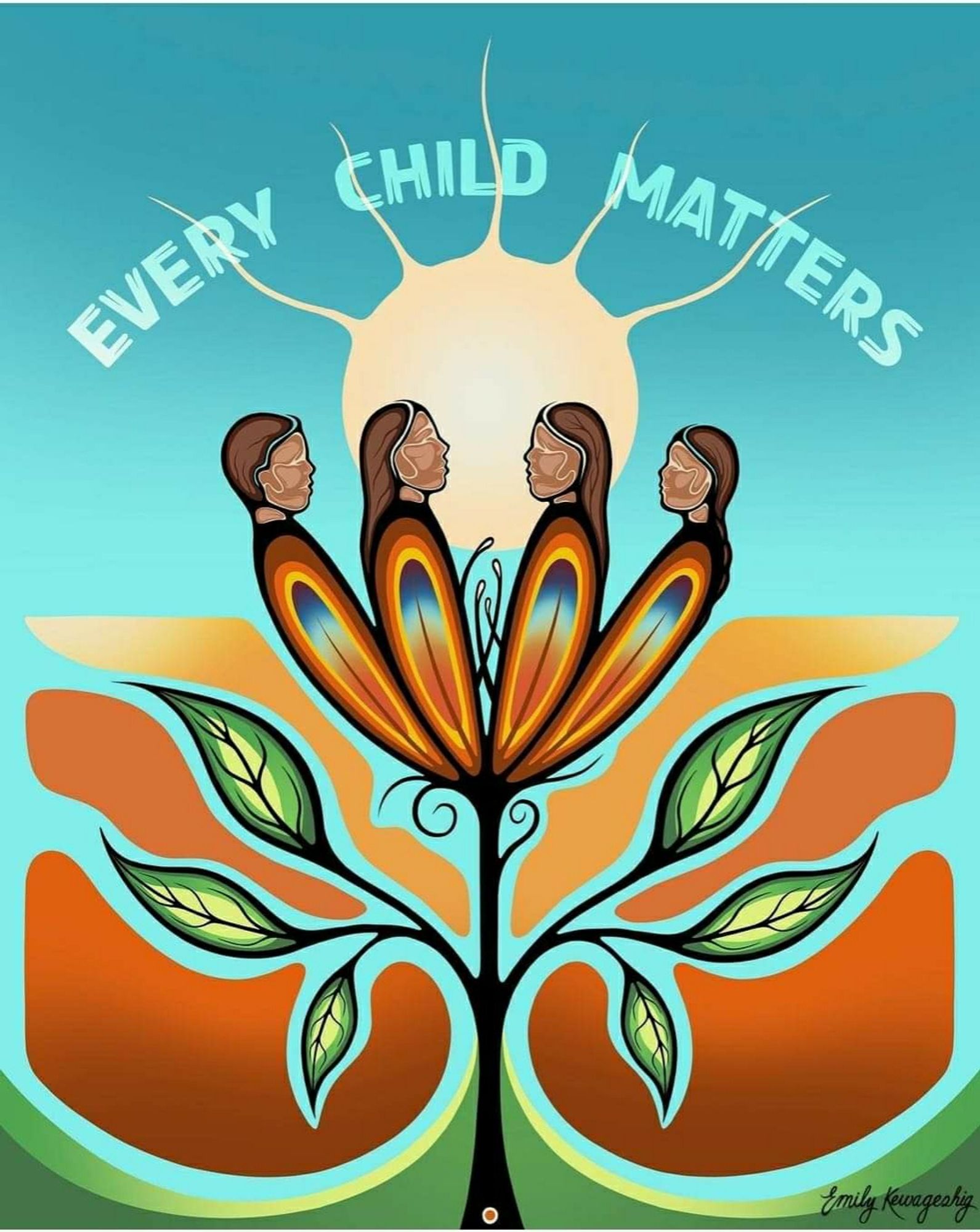 Contemporary woodland style painting of Indigenous children as petals on a flower. Every Child Matters on turquoise background