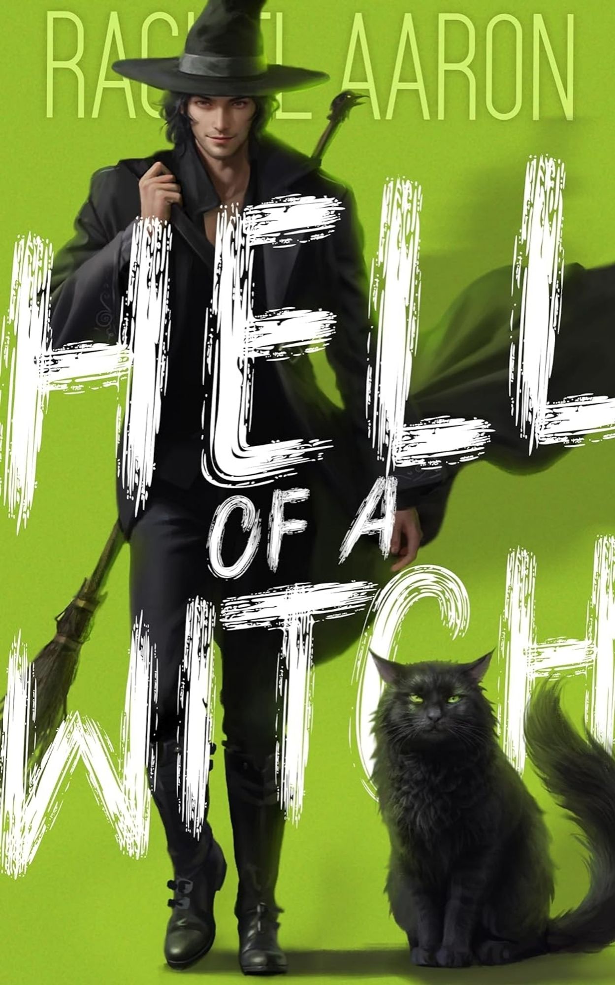 Cover of Hell of a Witch by Rachel Aaron
Features an attractive man in the motion of walking towards the viewer. He has a slight smile that's almost a smirk, and his eyes are darkened. His dark, semi-curly hair is falling around his ears almost to his jawline.
He's wearing a pointed witch hat, a nice set of pants and shirt, a long coat that's whipping in the wind behind him, and boots, all black. Strapped to his back is a classic witch's broom, except the pommel sticking out over his shoulder is in the shape of a raven's cawing head. At his feet is a somewhat fluffy black cat with green eyes, also staring at the viewer.