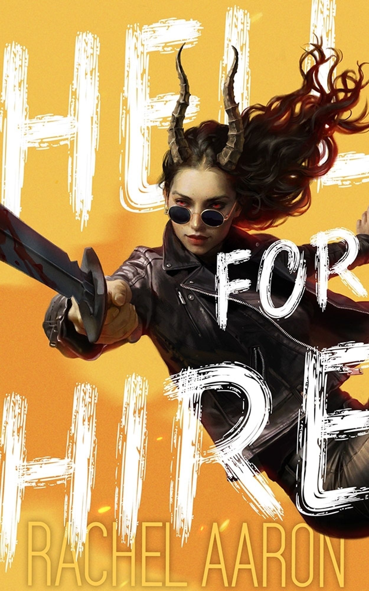 Cover of Hell for Hire by Rachel Aaron
Features a powerful looking woman mid-leap across the page. She's wearing dark jeans and a black shirt with a leather jacket and round black sunglasses slid down her nose. Her eyes are glowing red, her long brown hair is flying behind her, and she has slightly curved, long horns with ridges on them going straight up from her head. In her right hand she's leveling a sword off-center of the viewer, towards the right of the screen. The sword is black.