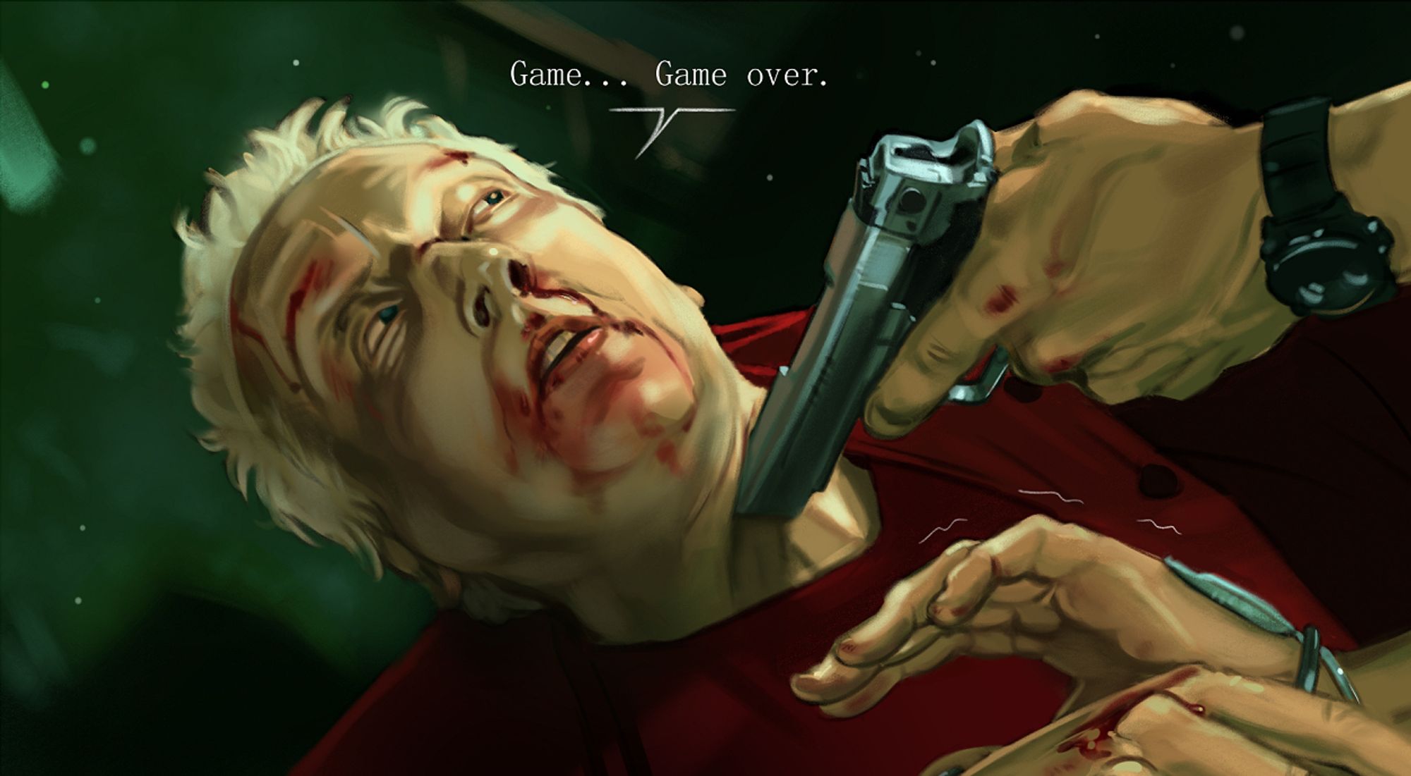 A digital study of a scene from Saw II, John Kramer is lying on the ground a hand is pointing a gun on his throat. Above his head is a speech bubble saying "Game... Game over."