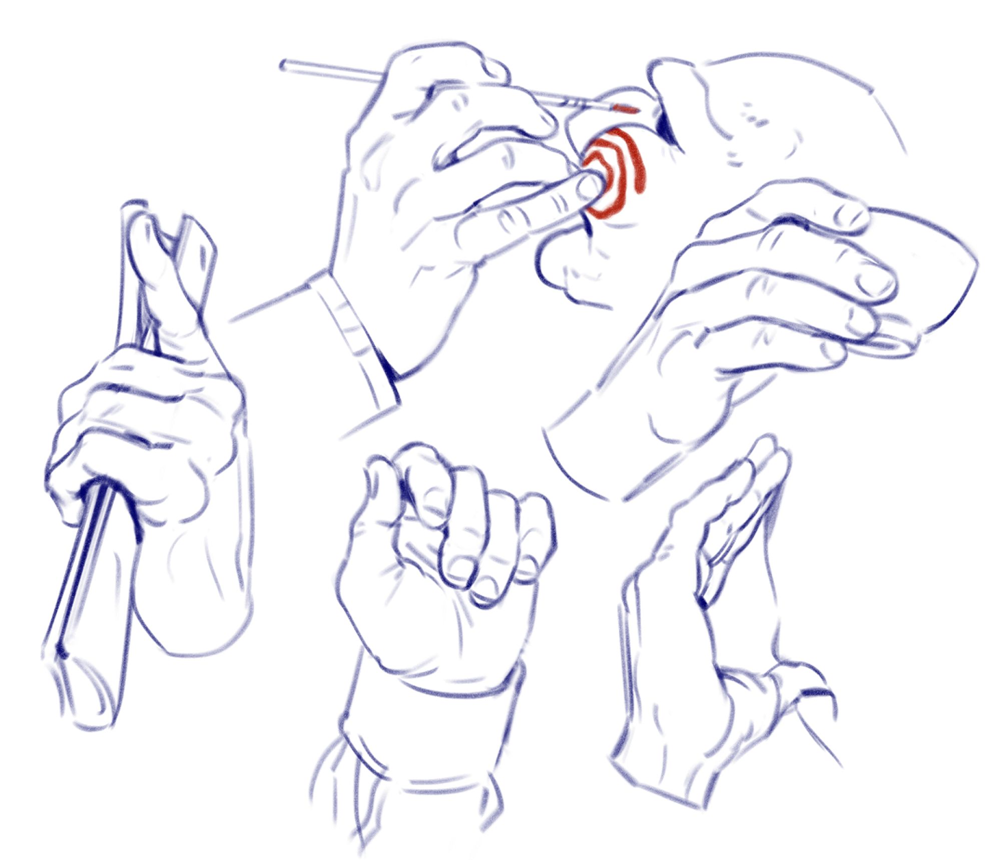 digital drawings of hands, in blue and red